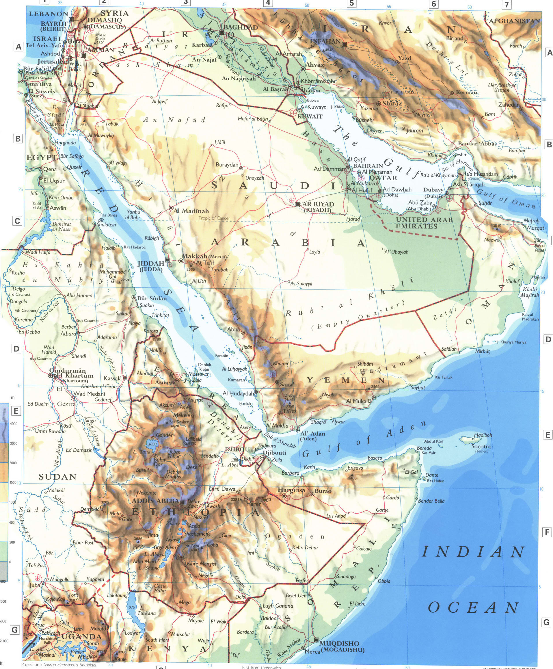 Arabia and The Horn of Africa map. Phisical map of Arabian Peninsula and Horn of Africa Arabia and The Horn of Africa map. Phisical map of Arabian Peninsula and Horn of Africa