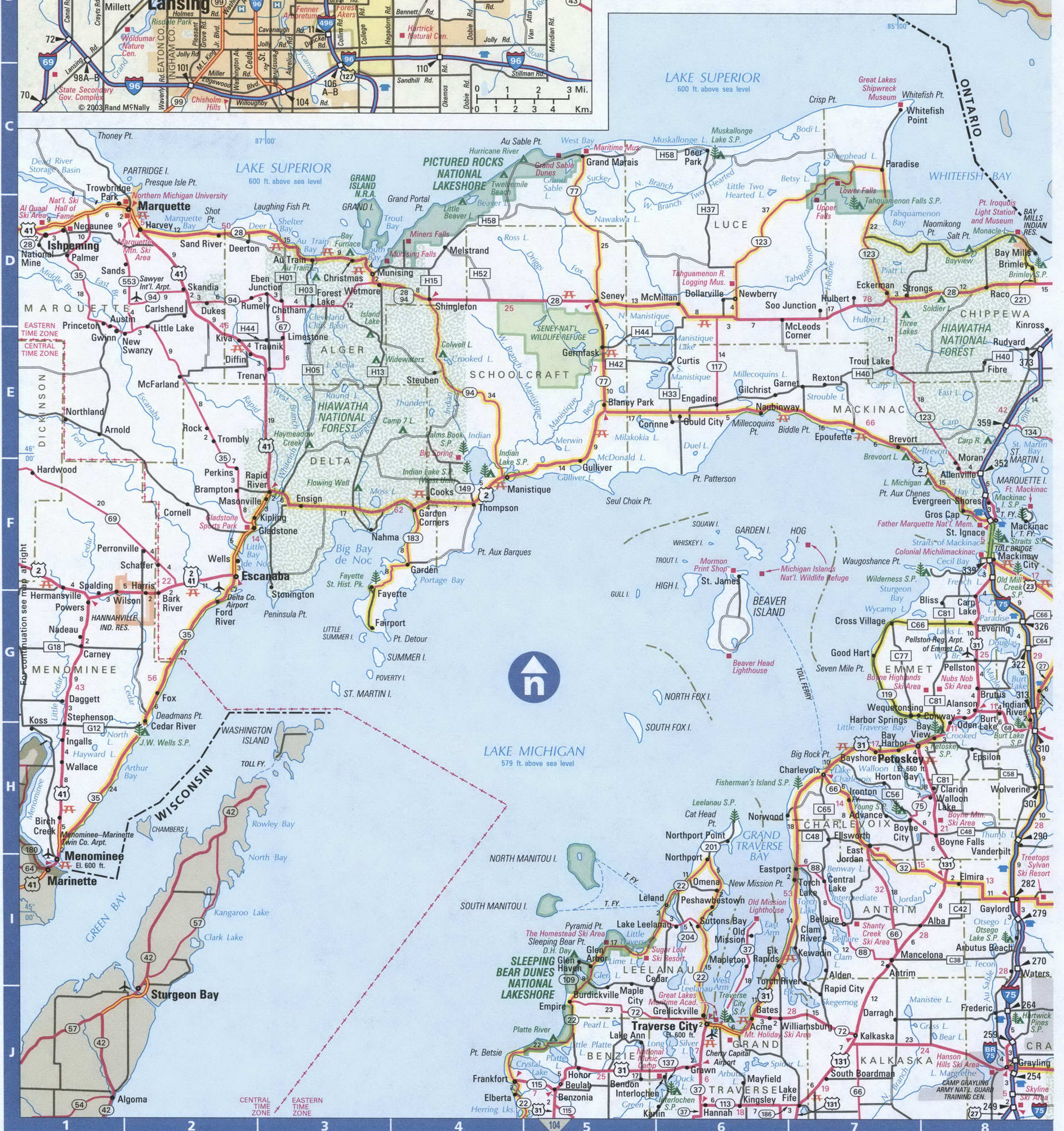 Michigan northern map. Detailed map of northern Michigan with road numbers and distances between cities. Michigan northern map. Detailed map of northern Michigan with road numbers and distances between cities.