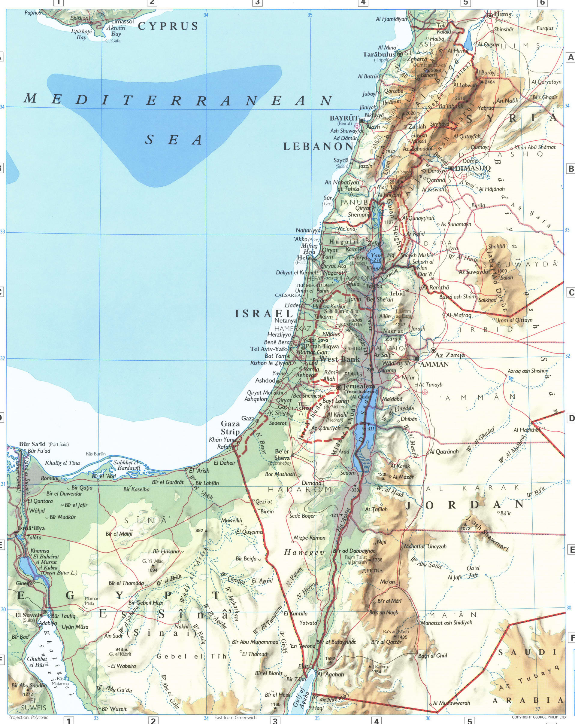 Map of Israel. Detailed physical map of Israel, Palestine, Gaza Strip with cities, roads, and settlements. Map of Israel. Detailed physical map of Israel, Palestine, Gaza Strip with cities, roads, and settlements.
