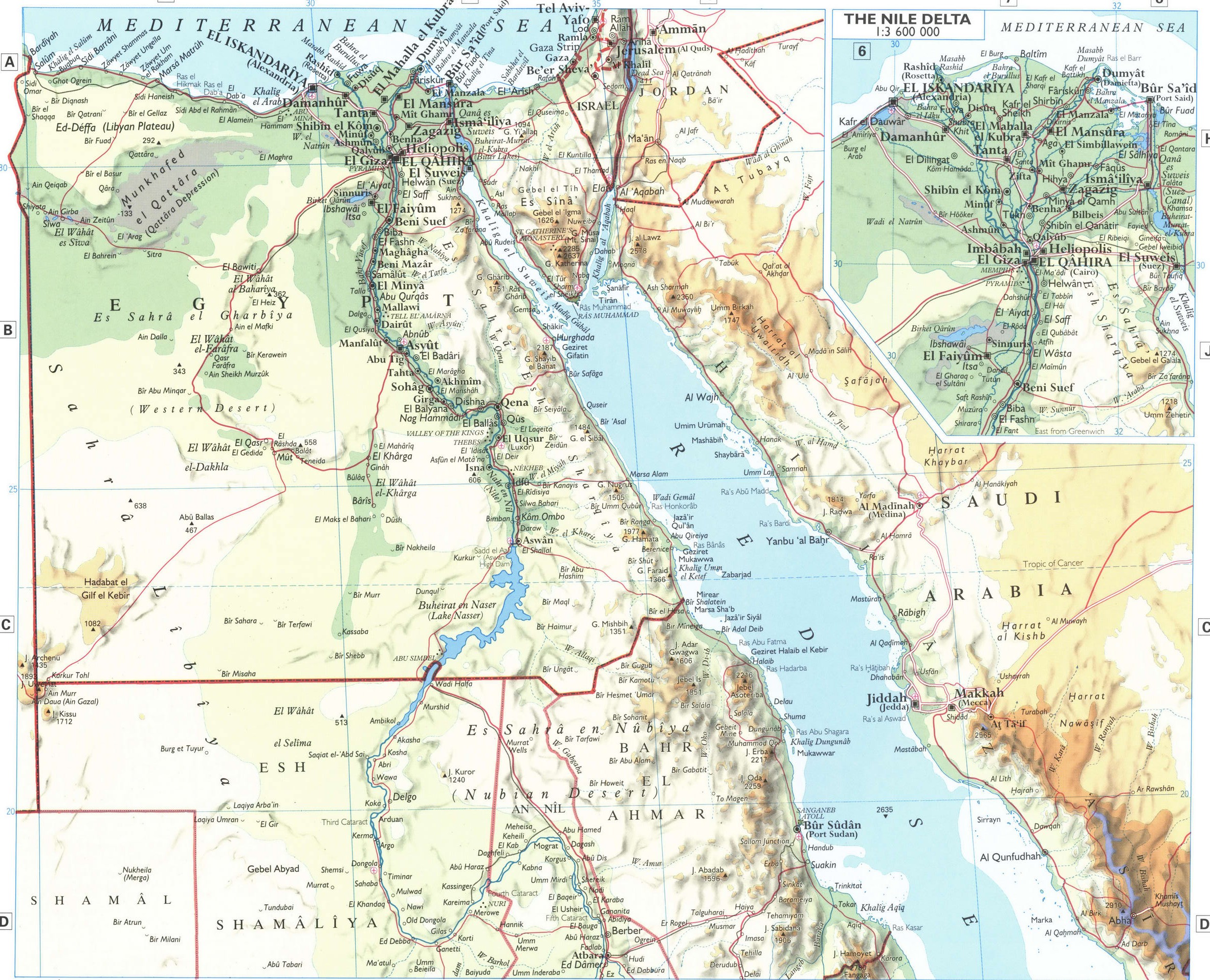 The Nile Valley map. Detailed physical map of countries on the coast of the Red Sea with cities and borders The Nile Valley map. Detailed physical map of countries on the coast of the Red Sea with cities and borders