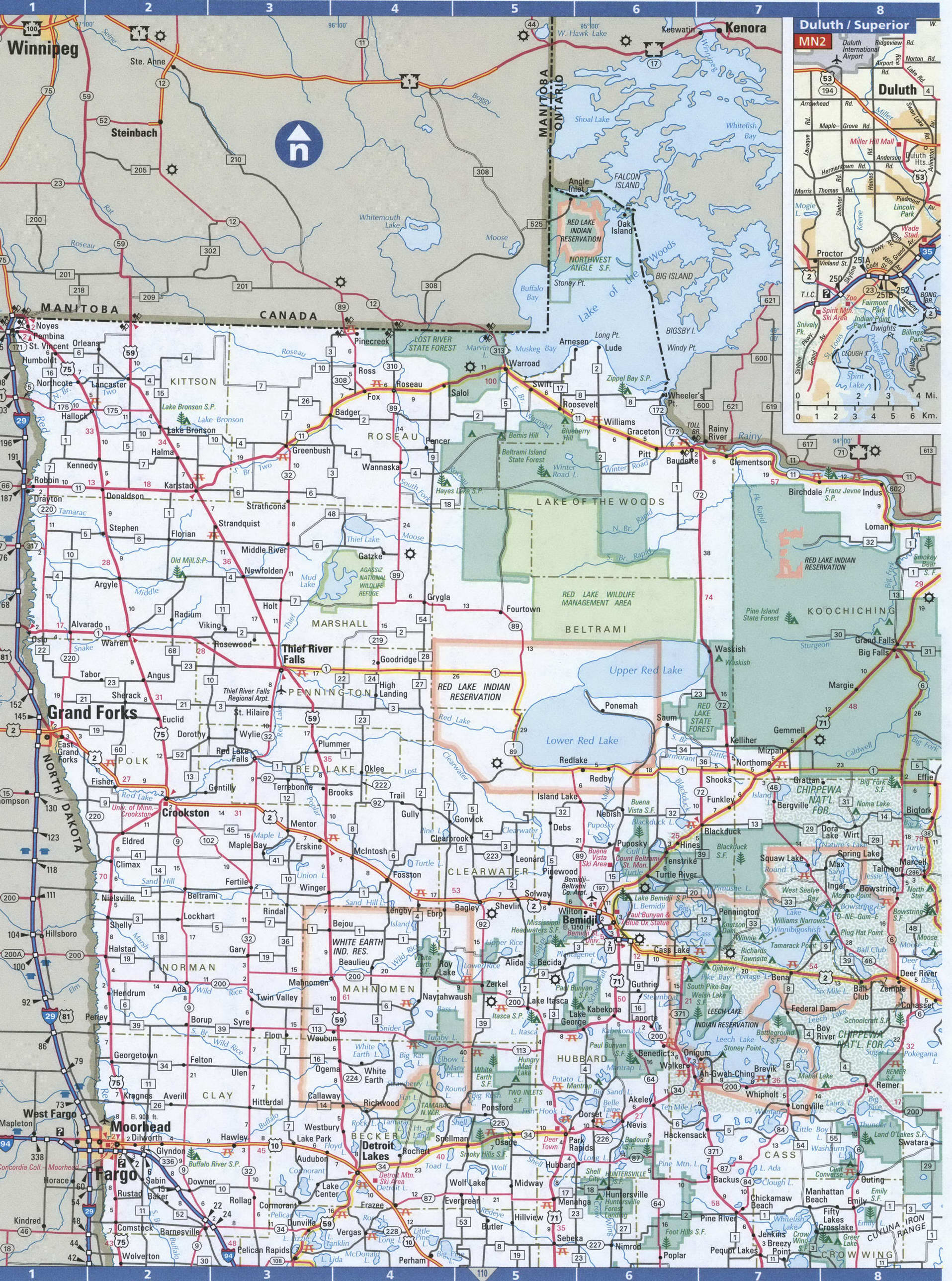 Minnesota north map. Detailed map of northern Minnesota with road numbers and distances between cities. Minnesota north map. Detailed map of northern Minnesota with road numbers and distances between cities.