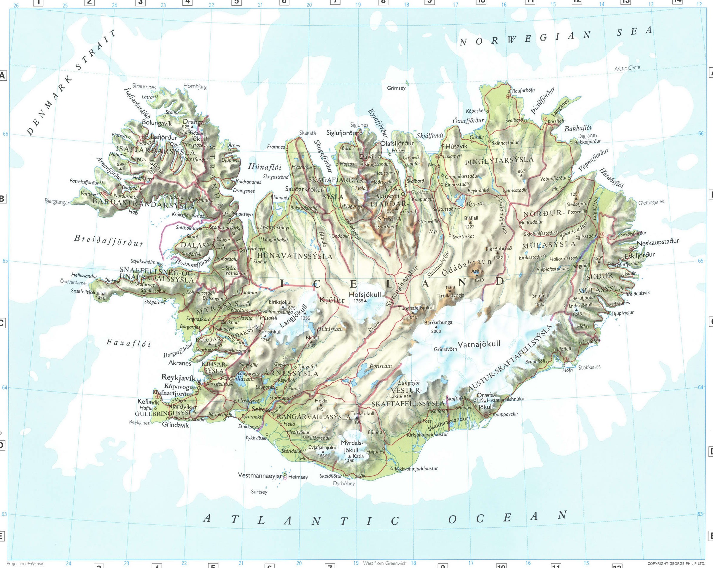 Map of Iceland with towns. Detailed geographical map of Iceland with cities and roads Map of Iceland with towns. Detailed geographical map of Iceland with cities and roads