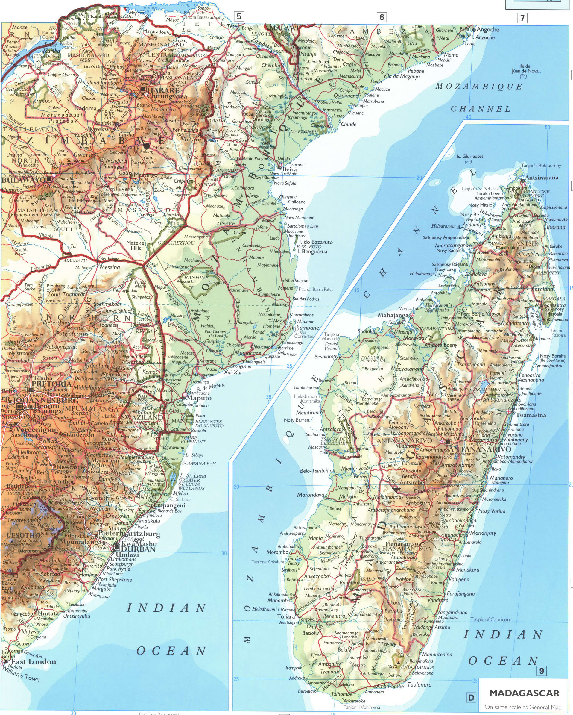 Southern Africa and Madagascar map. Detailed physical map of Southeastern Africa Southern Africa and Madagascar map. Detailed physical map of Southeastern Africa