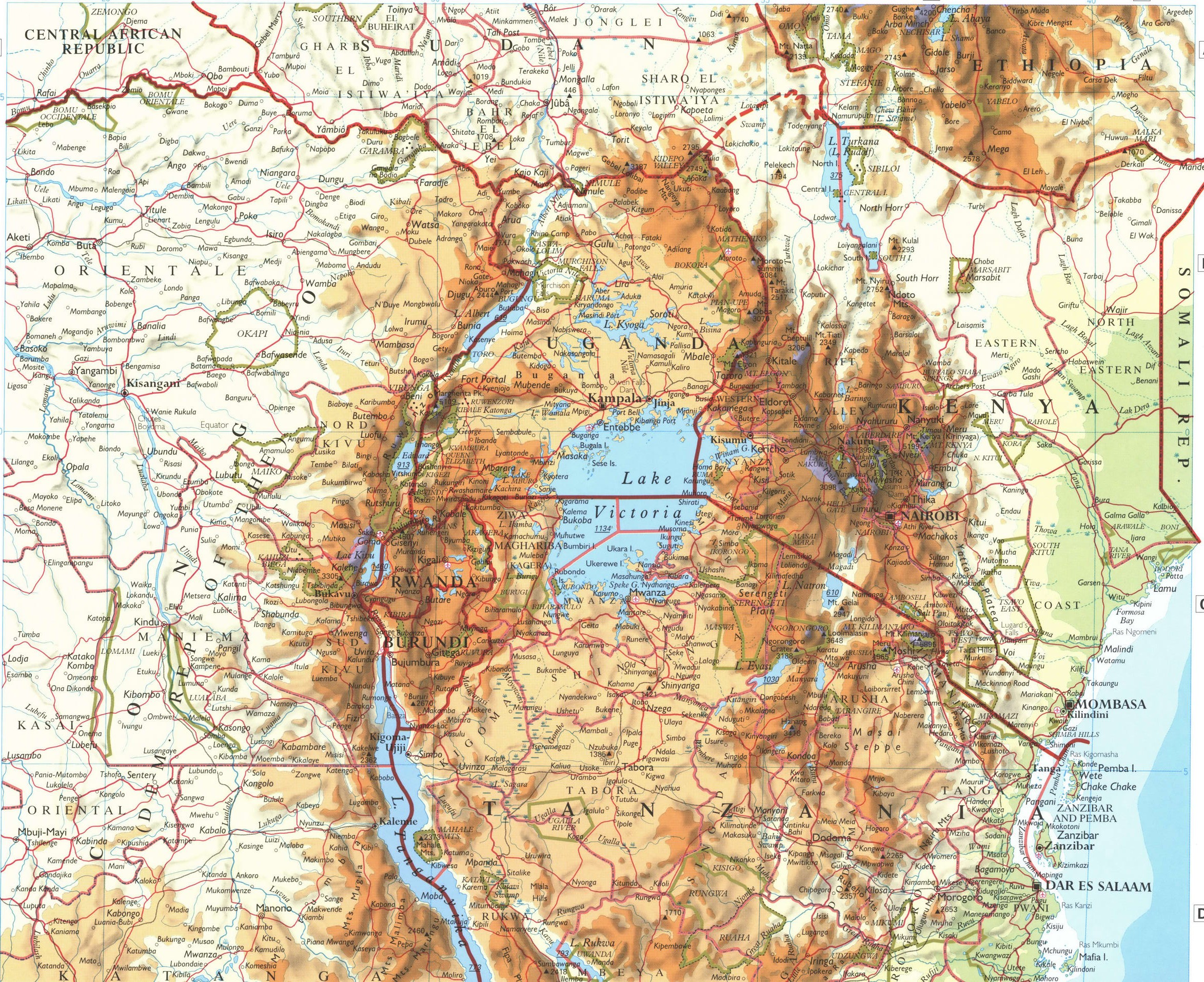 East Africa map. Detailed physical map of the East Coast of Africa with cities and roads. East Africa map. Detailed physical map of the East Coast of Africa with cities and roads.