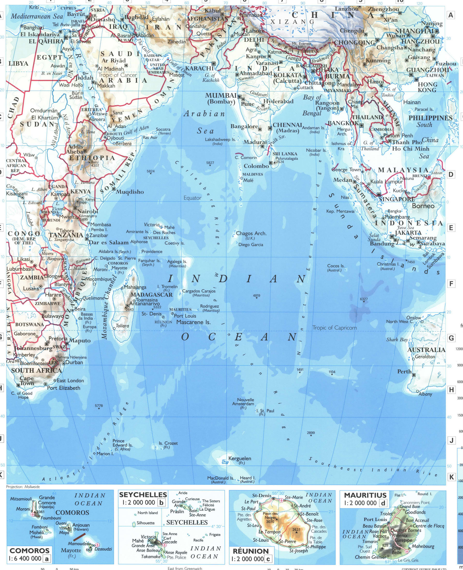 Map of Indian Ocean. A detailed geographical map of the Indian Ocean with the borders of states. Map of Indian Ocean. A detailed geographical map of the Indian Ocean with the borders of states.