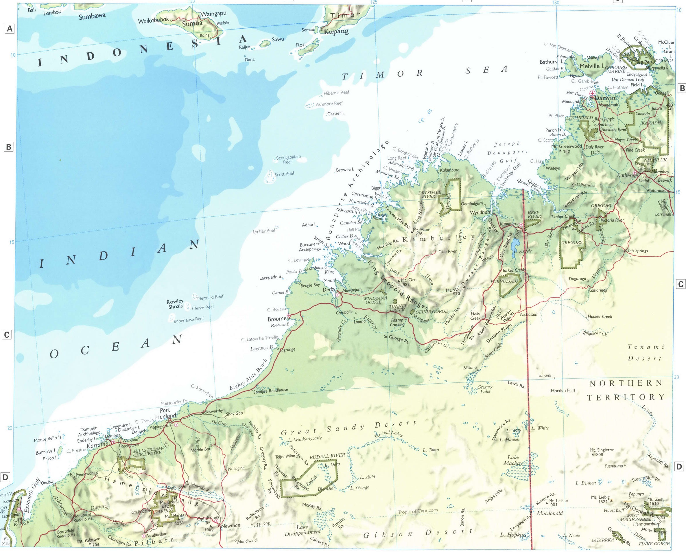 Map of Western Australia. Detailed physical map of Australia with cities and roads Map of Western Australia. Detailed physical map of Australia with cities and roads
