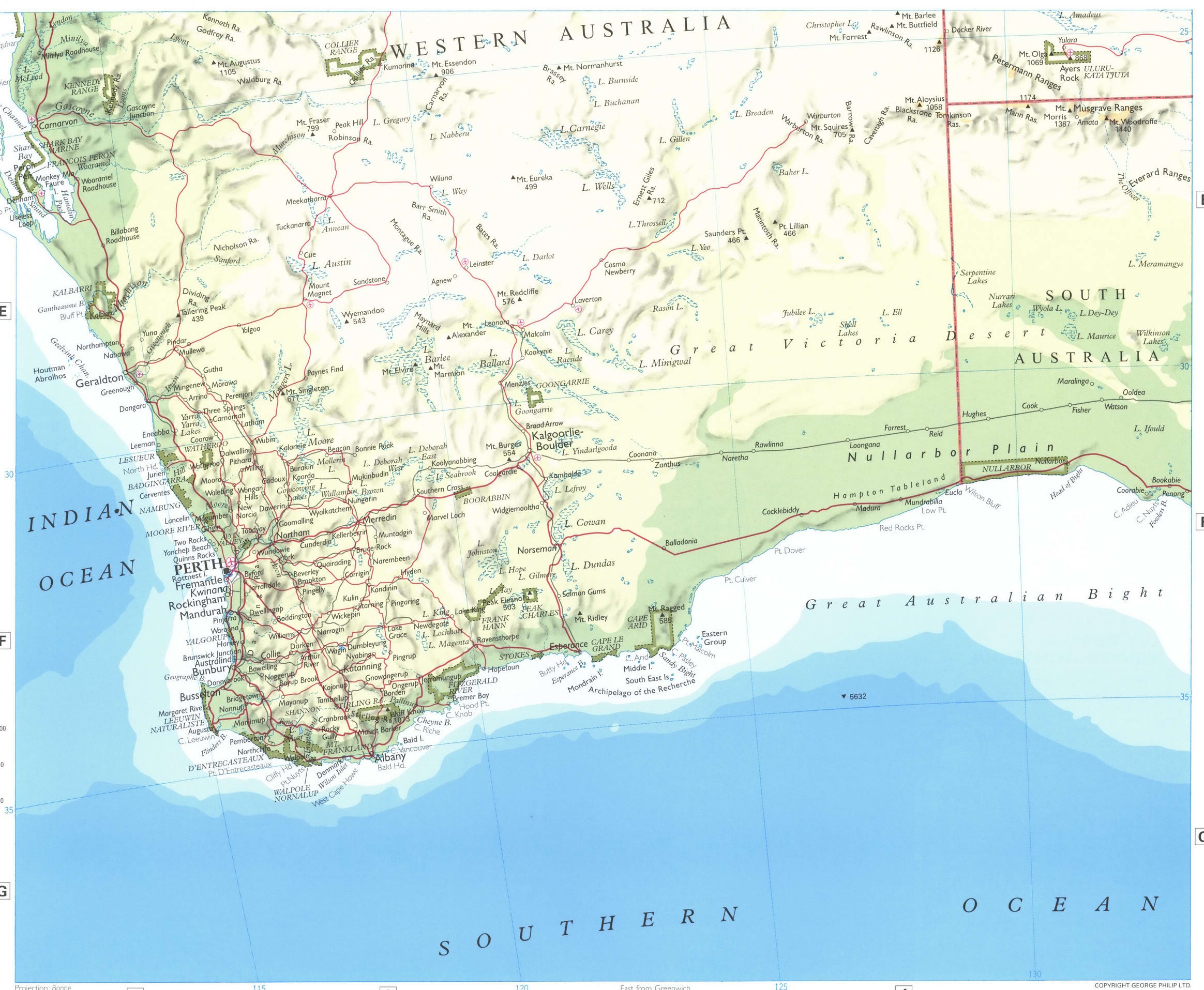 Map of Western Australia. Detailed physical map of Australia with cities and roads Map of Western Australia. Detailed physical map of Australia with cities and roads