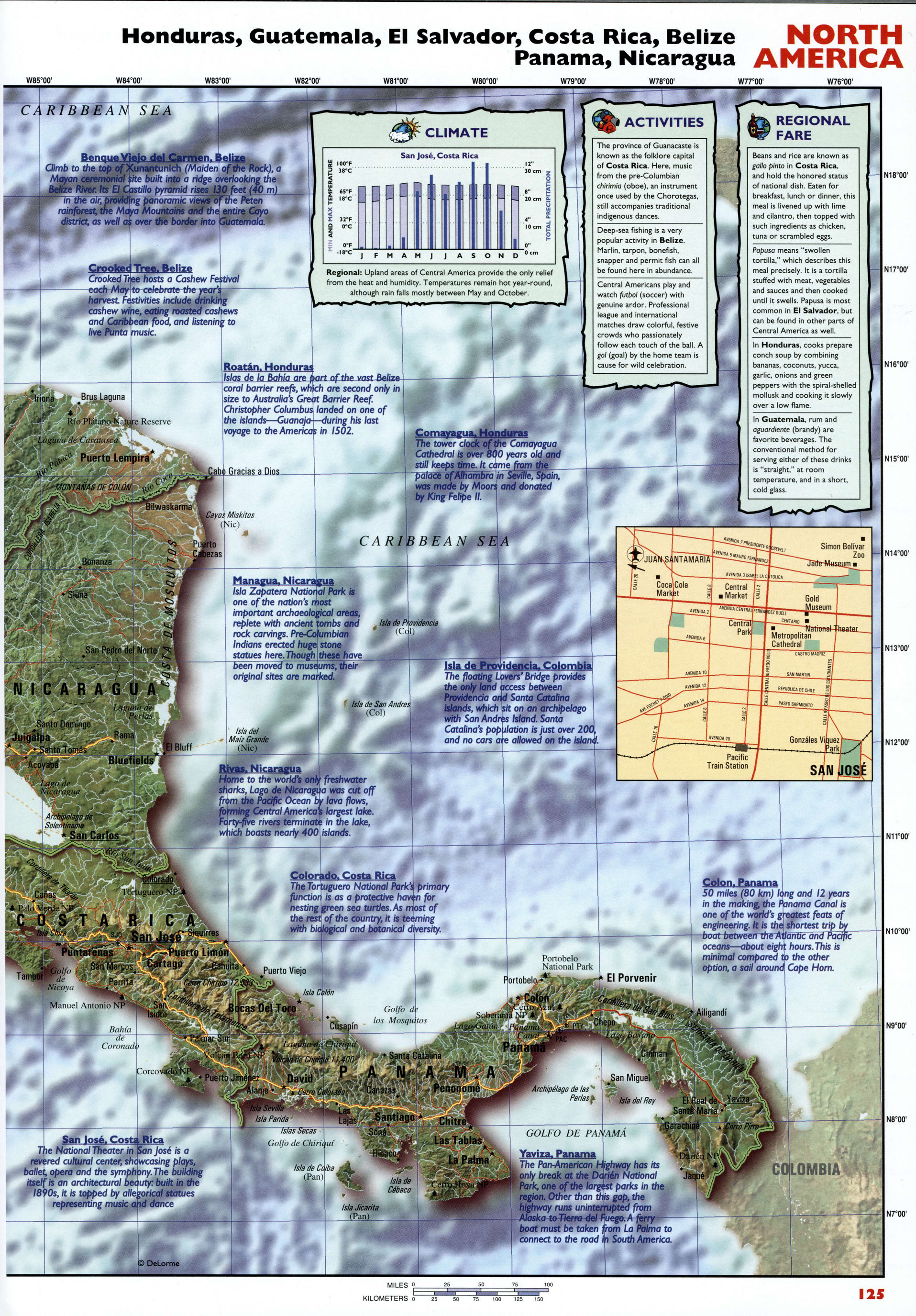 Map Beliza, Costa Rica, Panama, Nicaragua. Detailed tourist map of Central America Map Beliza, Costa Rica, Panama, Nicaragua. Detailed tourist map of Central America