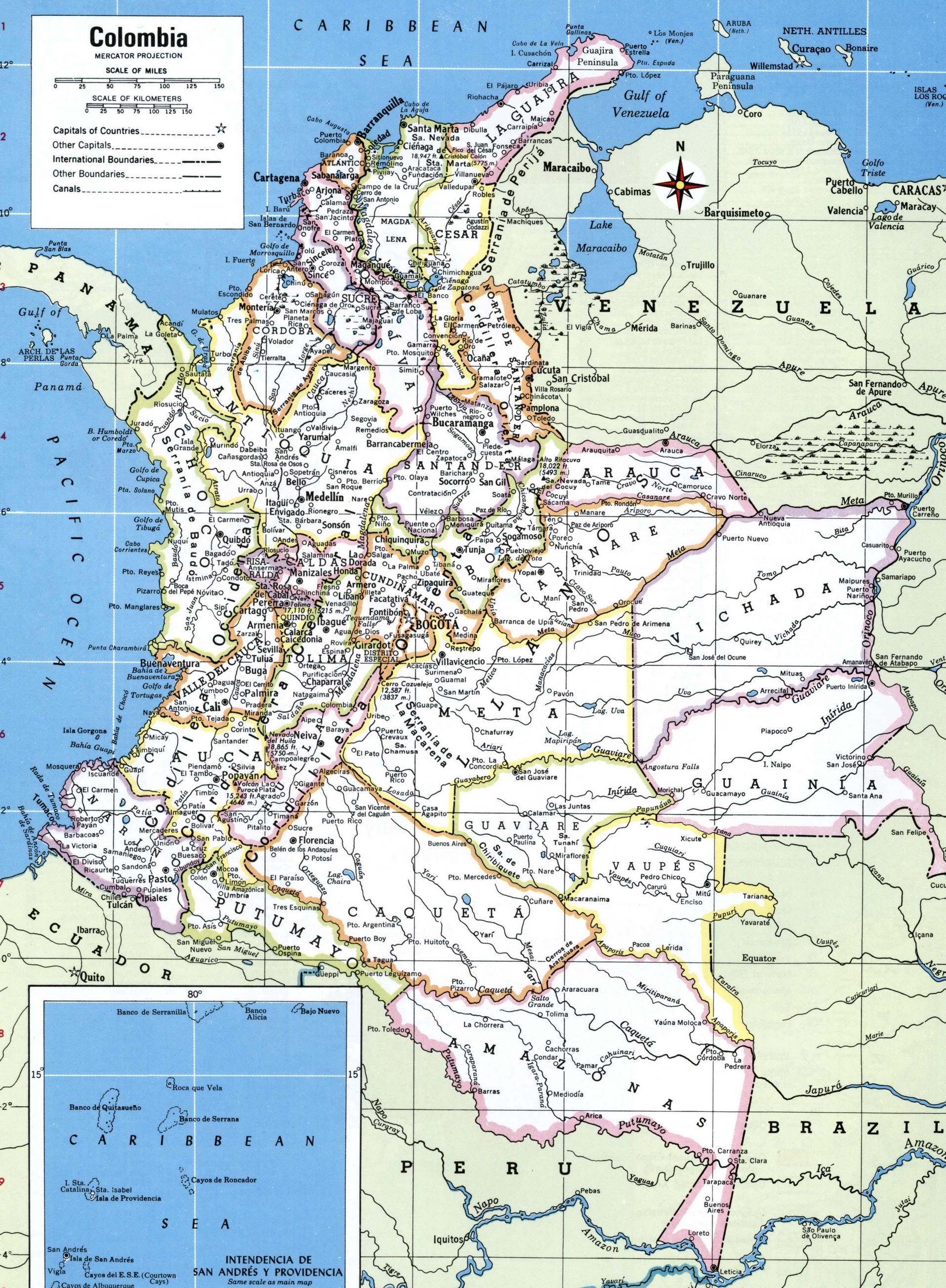 Colombia map. Detailed map of Colombia with cities, towns, borders, and names of regions Colombia map. Detailed map of Colombia with cities, towns, borders, and names of regions