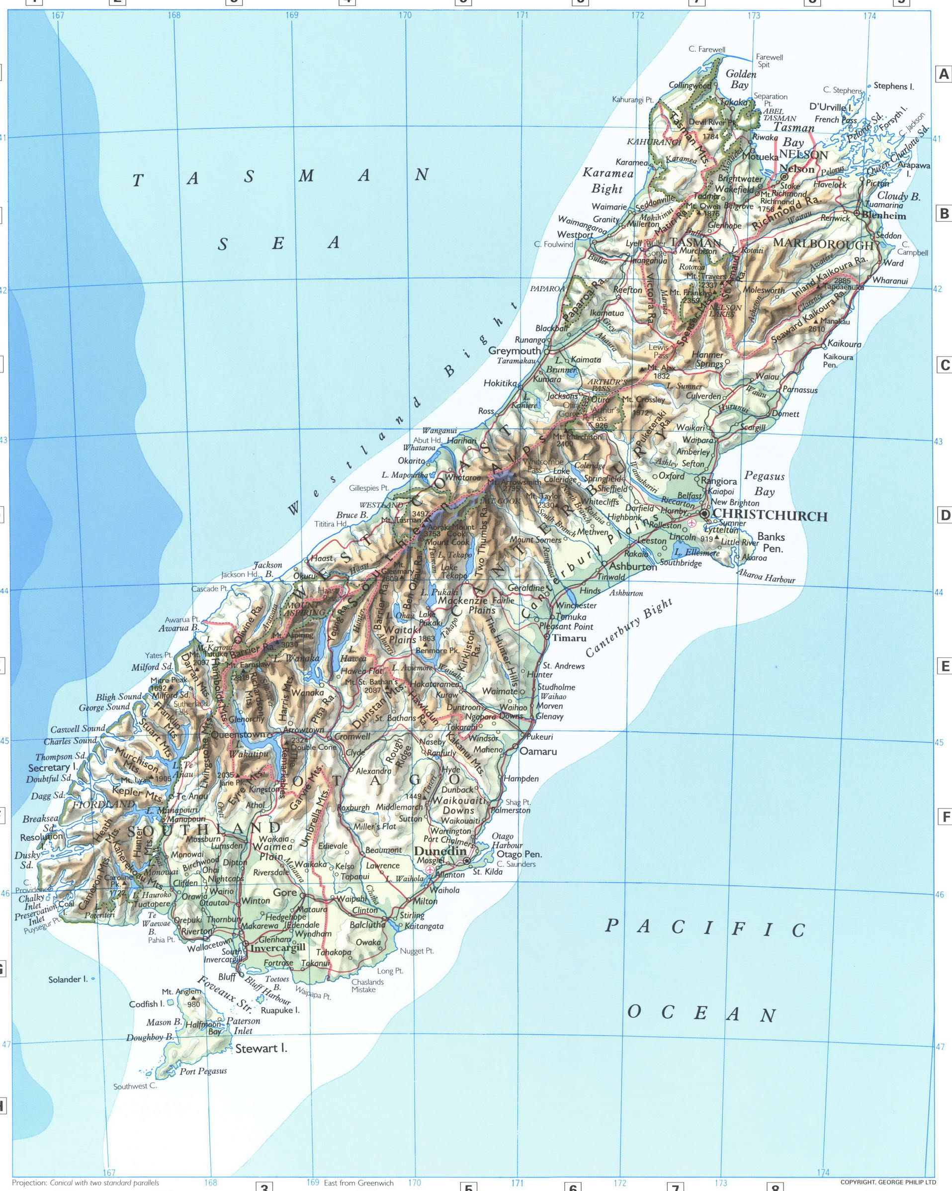 New Zealand map South Island. Detailed physical map of the South Island of New Zealand with cities and roads New Zealand map South Island. Detailed physical map of the South Island of New Zealand with cities and roads