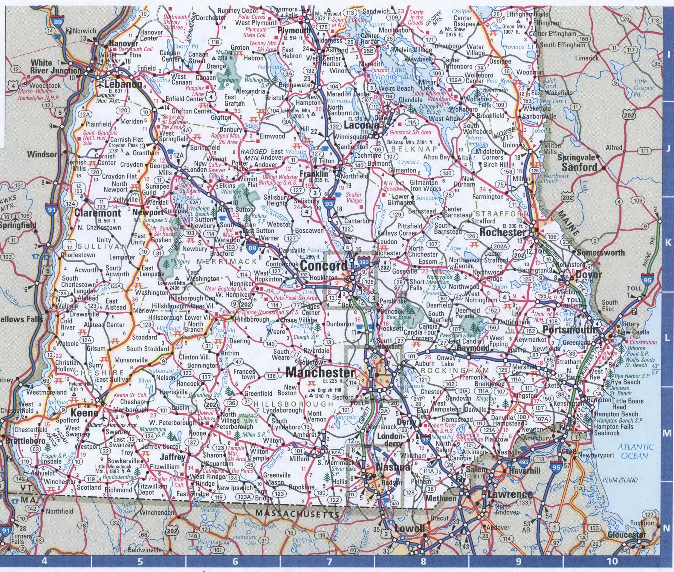 New Hampshire detailed roads map. Detailed map of all roads in New Hampshire with distances between cities and towns. New Hampshire detailed roads map. Detailed map of all roads in New Hampshire with distances between cities and towns.