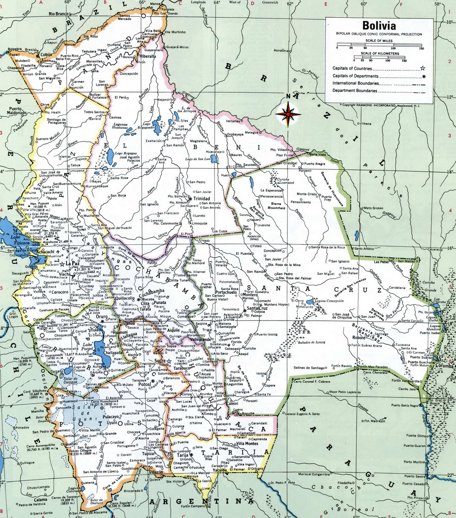 Bolivia map. Detailed map of Bolivia with cities, towns, borders, and names of regions Bolivia map. Detailed map of Bolivia with cities, towns, borders, and names of regions