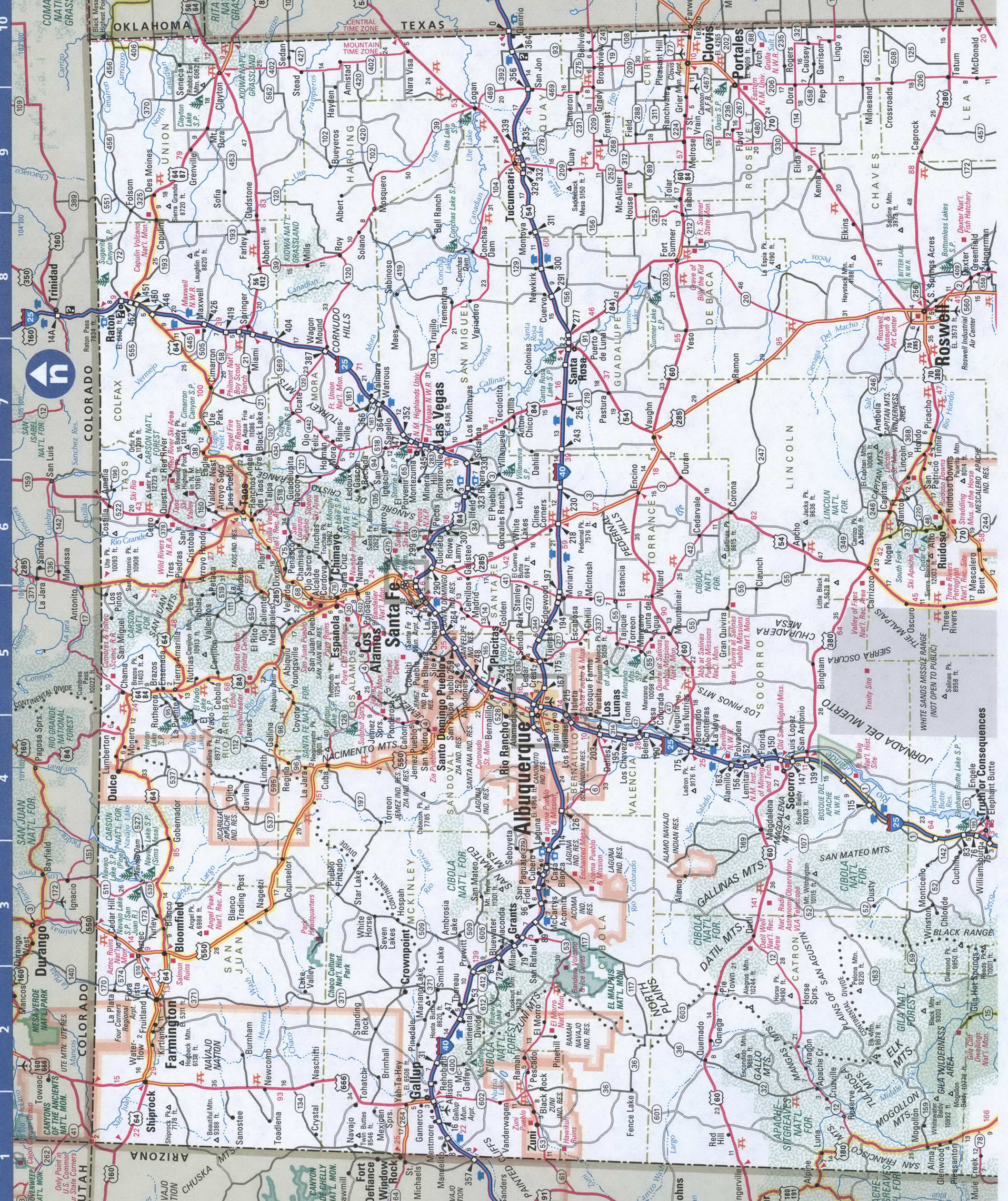 New Mexico map. Detailed map of all roads in New Mexico with distances between cities and towns. New Mexico map. Detailed map of all roads in New Mexico with distances between cities and towns.
