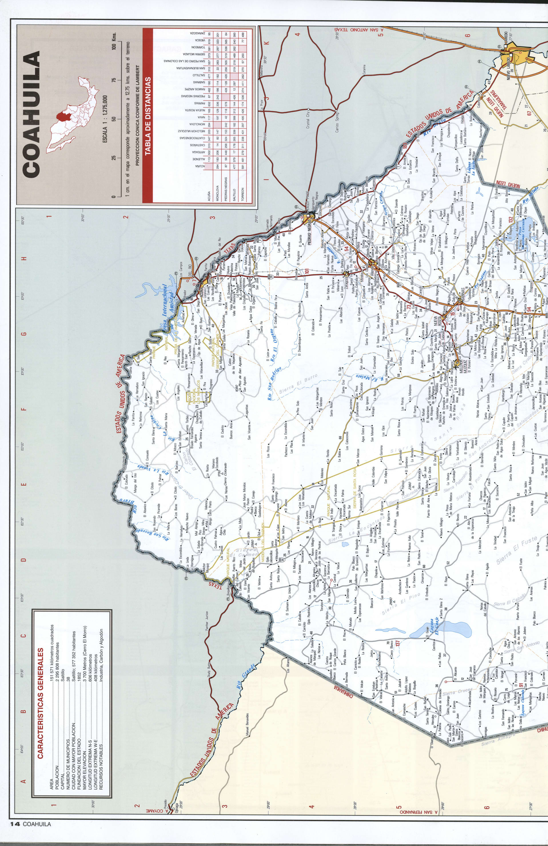 Coahuila state map northern. Detailed map of the Mexican state of Coahuila with roads, cities, villages Coahuila state map northern. Detailed map of the Mexican state of Coahuila with roads, cities, villages
