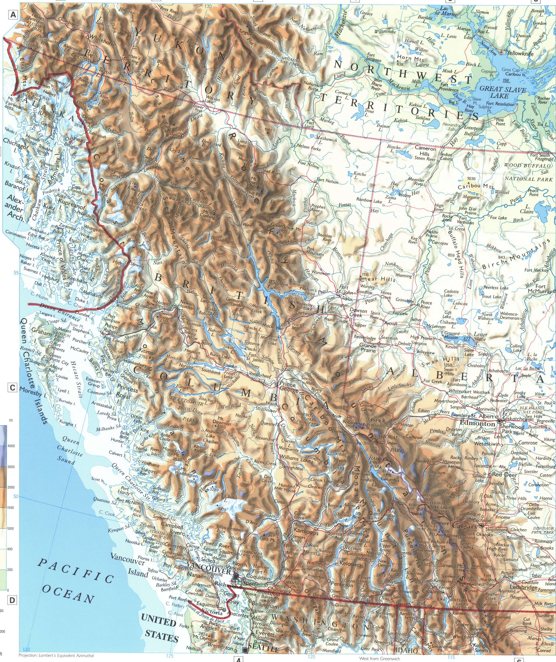 Western Canada map. Detailed physical map of western Canada with cities and roads Western Canada map. Detailed physical map of western Canada with cities and roads