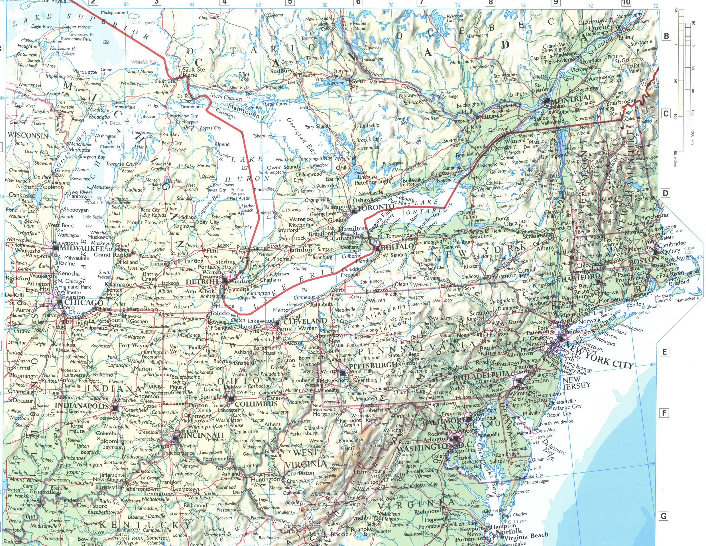 Detailed physical map of the Atlantic coast of the USA with cities, towns, and roads Detailed physical map of the Atlantic coast of the USA with cities, towns, and roads