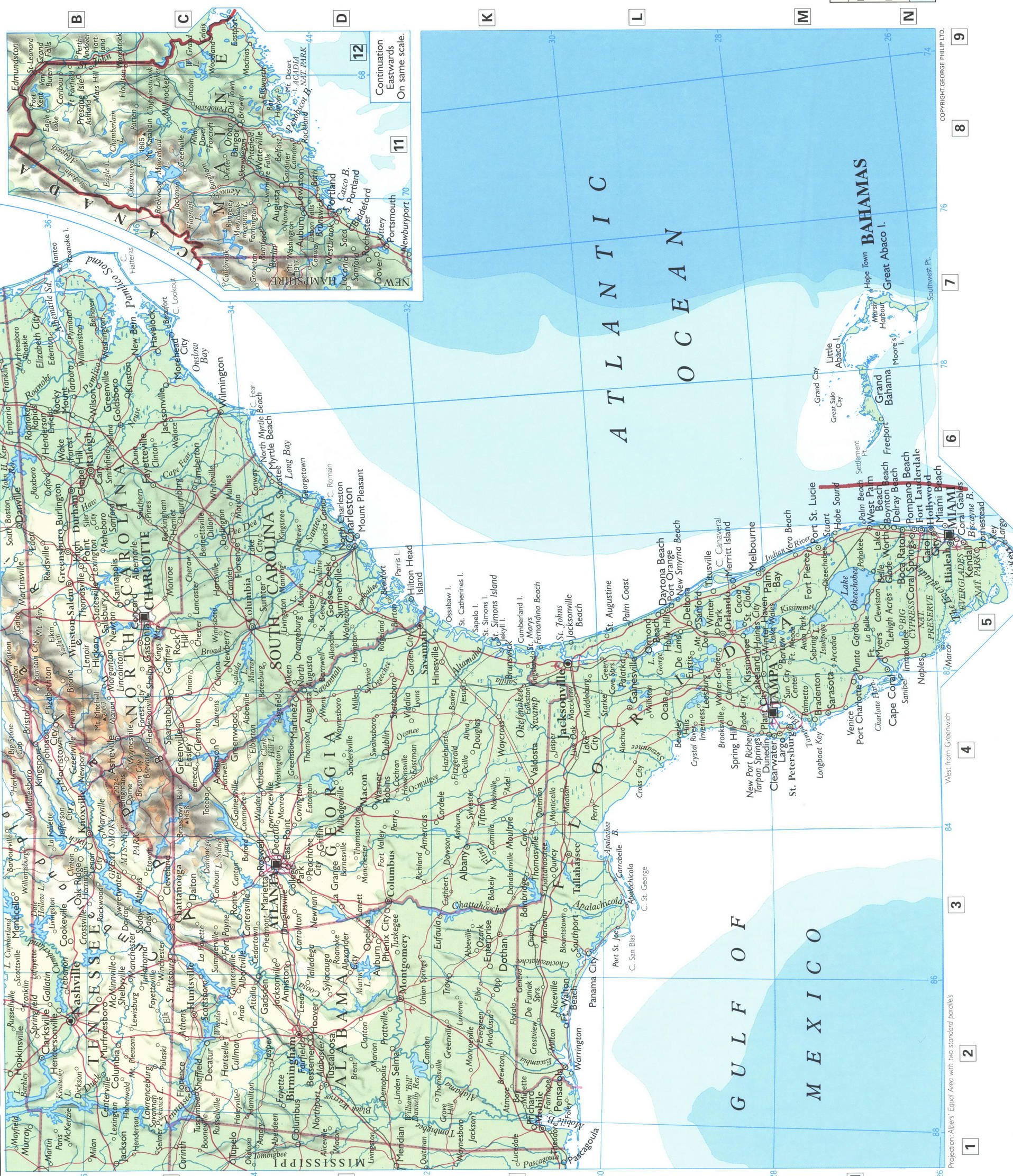 Eastern USA map. Detailed physical map of the Atlantic coast of the USA with cities, towns, and roads Eastern USA map. Detailed physical map of the Atlantic coast of the USA with cities, towns, and roads