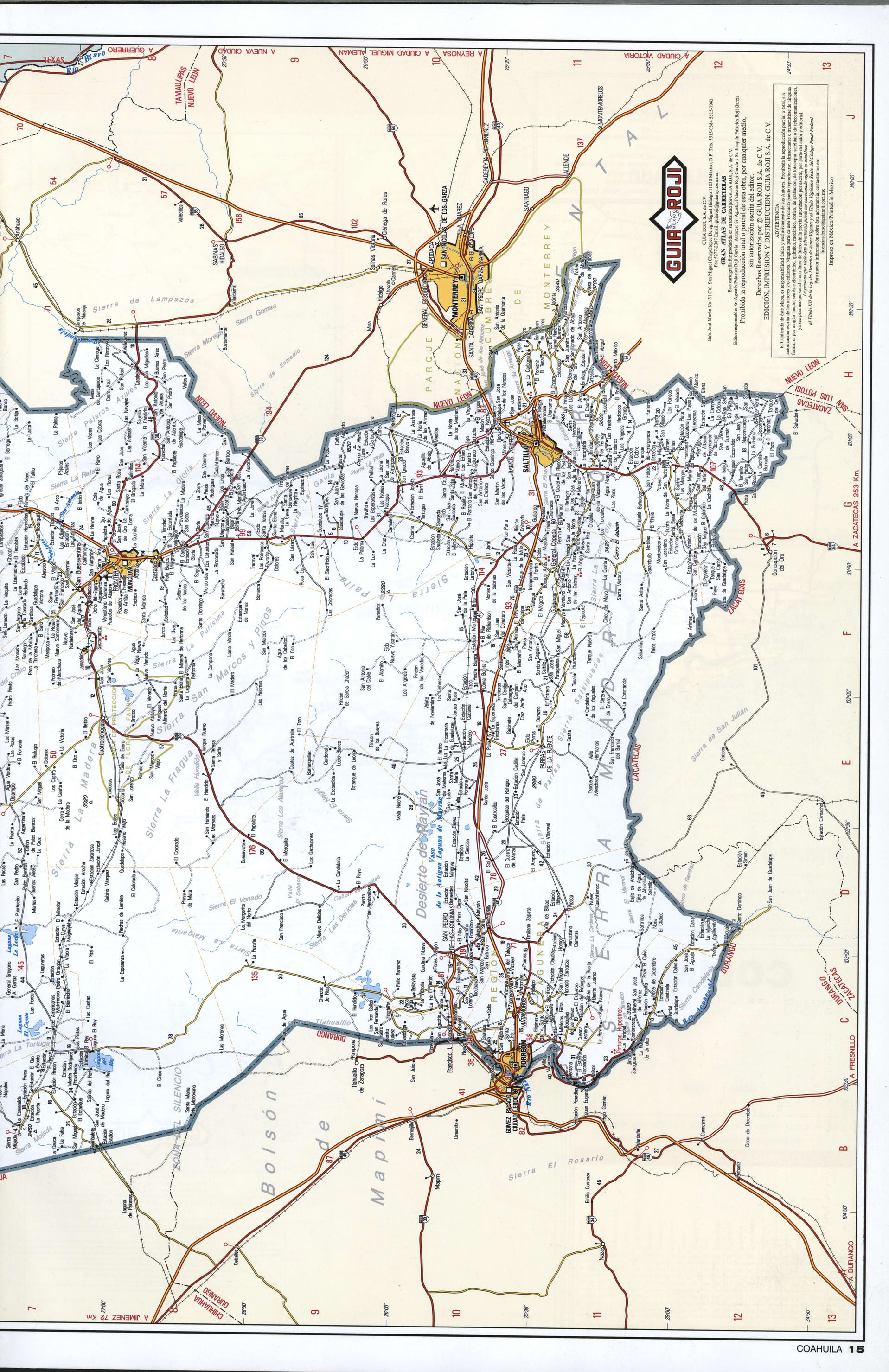 Coahuila state map southern. Detailed map of the Mexican state of Coahuila with roads, cities, villages Coahuila state map southern. Detailed map of the Mexican state of Coahuila with roads, cities, villages