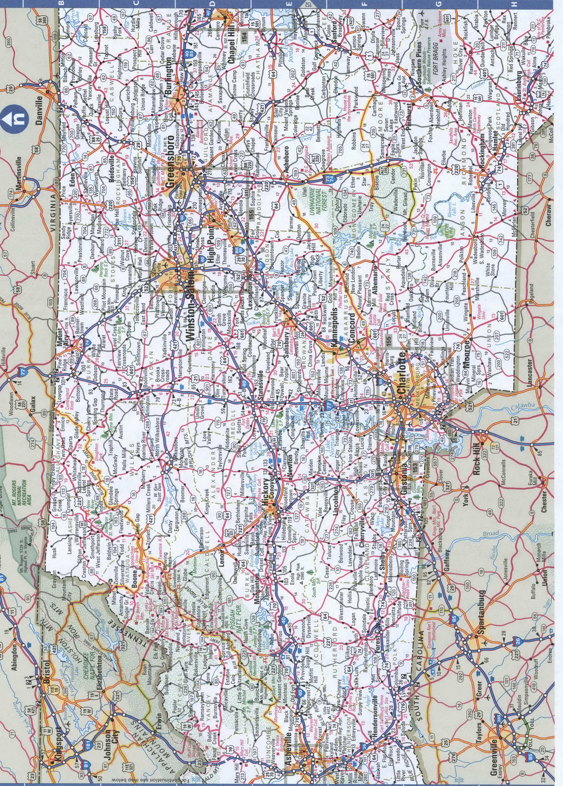Western North Carolina detailed map. Detailed map of North Carolina with road numbers and distances between cities. Western North Carolina detailed map. Detailed map of North Carolina with road numbers and distances between cities.