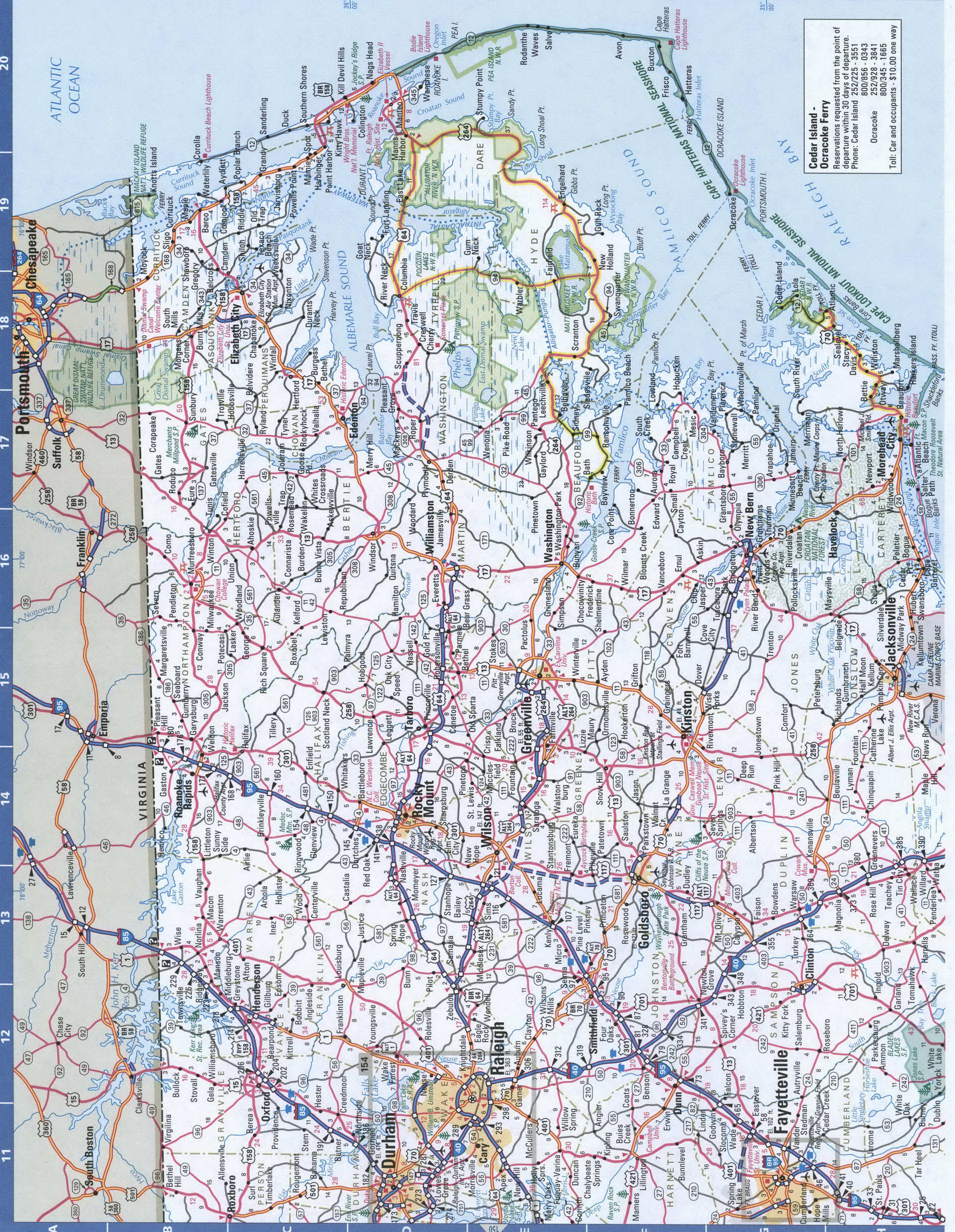 Eastern North Carolina detailed map. Detailed map of North Carolina with road numbers and distances between cities. Eastern North Carolina detailed map. Detailed map of North Carolina with road numbers and distances between cities.