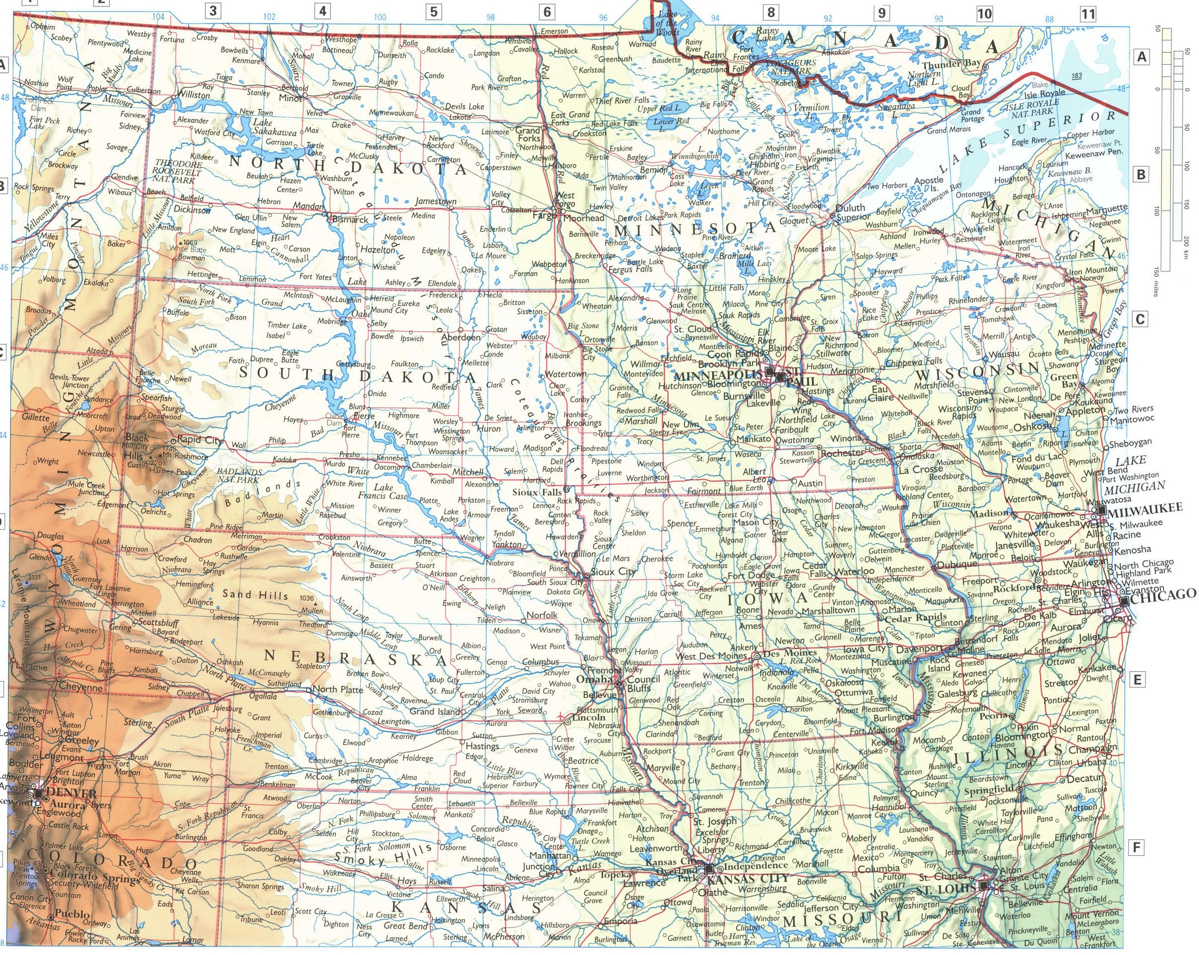 Middle USA map. Detailed physical map of the central region of the USA with cities and roads. Middle USA map. Detailed physical map of the central region of the USA with cities and roads.