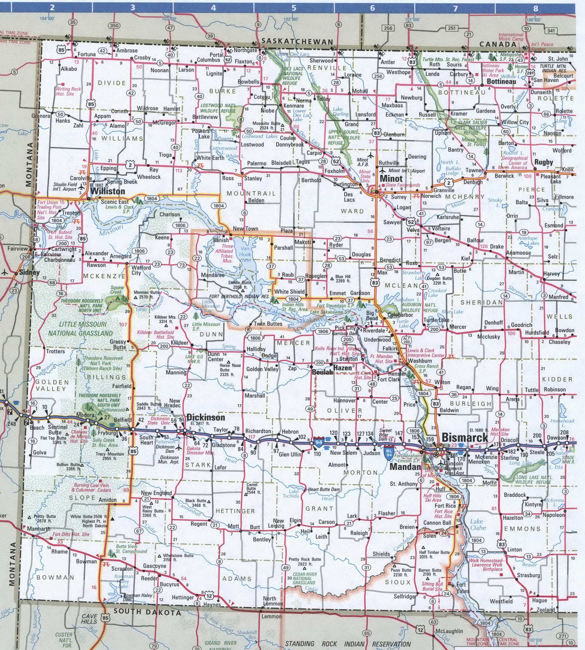 North Dakota map. Detailed map of North Dakota with road numbers and distances between cities. North Dakota map. Detailed map of North Dakota with road numbers and distances between cities.