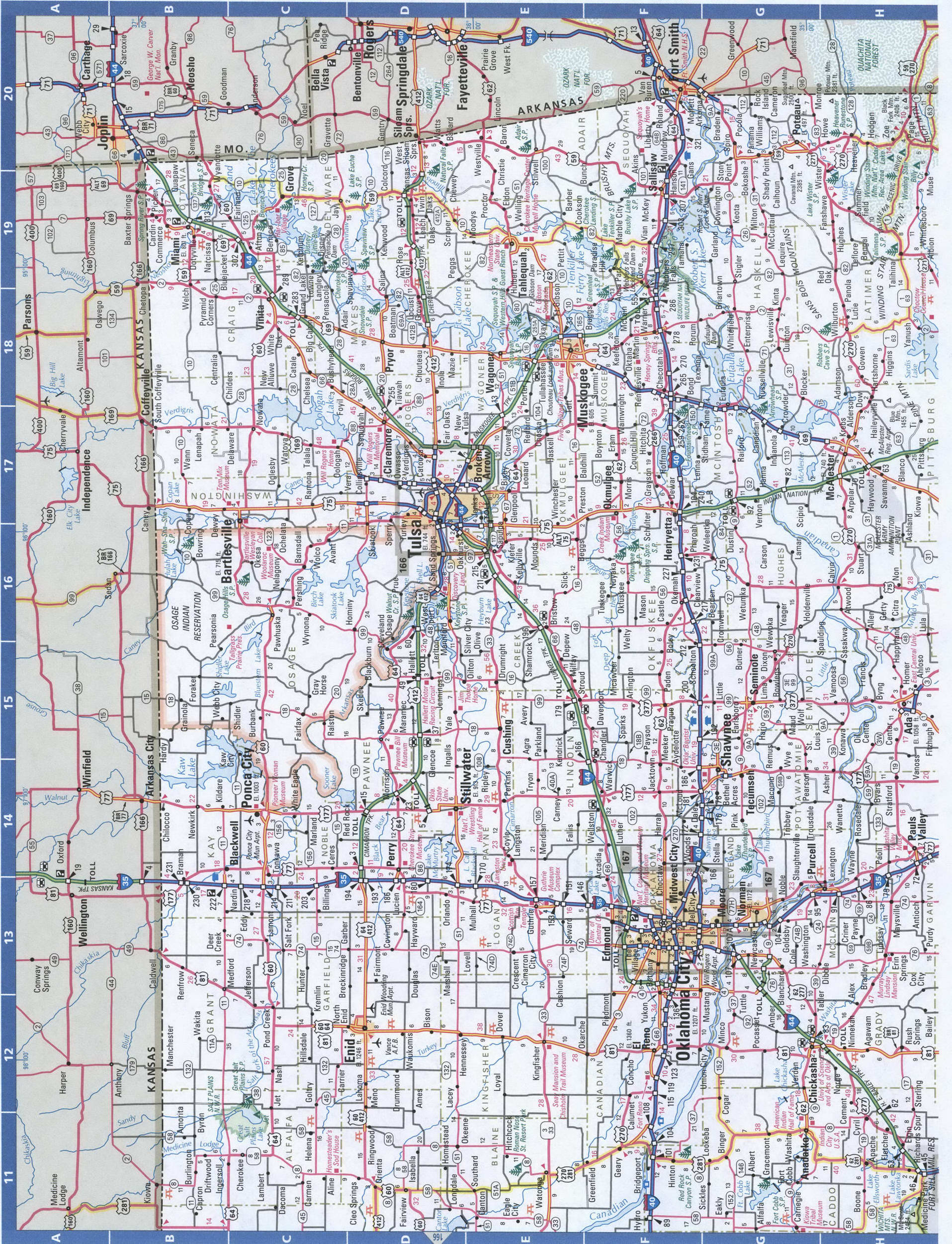 East Oklahoma map. Detailed map of Oklahoma with road numbers and distances between cities. East Oklahoma map. Detailed map of Oklahoma with road numbers and distances between cities.
