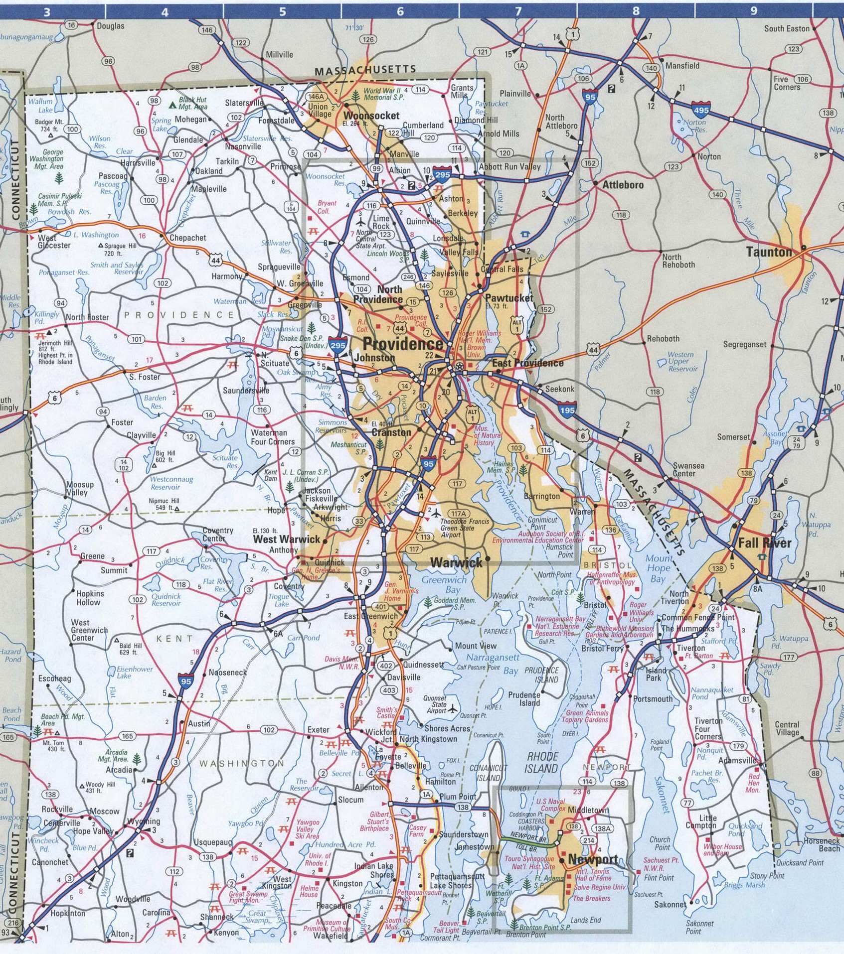 Rhode Island map. Detailed map of Rhode Island with road numbers and distances between cities. Rhode Island map. Detailed map of Rhode Island with road numbers and distances between cities.