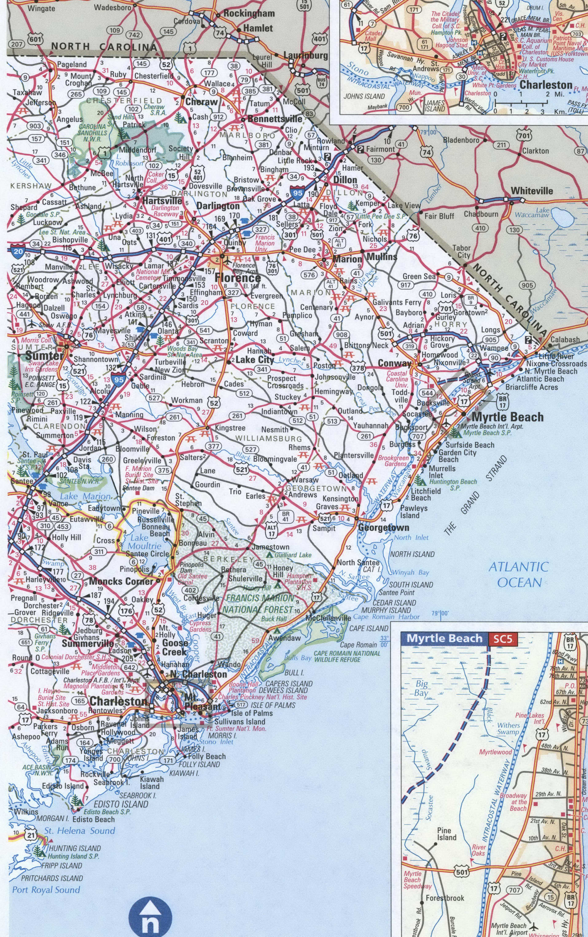 South Carolina detailed map. Detailed map of South Carolina with road numbers and distances between cities. South Carolina detailed map. Detailed map of South Carolina with road numbers and distances between cities.