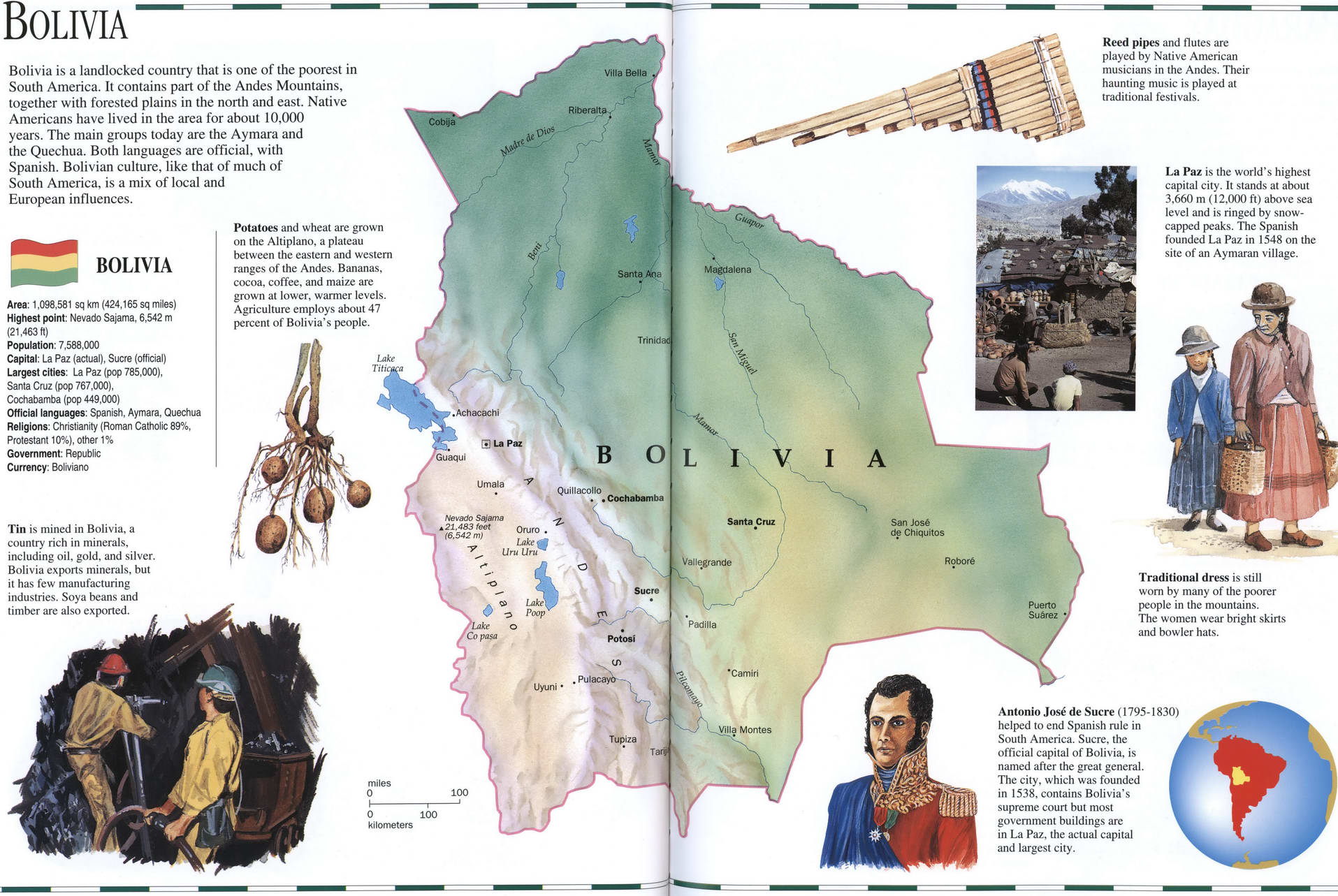 Map of Bolivia with a brief geographical description. Bolivia on the world map. Map of Bolivia with a brief geographical description. Bolivia on the world map.