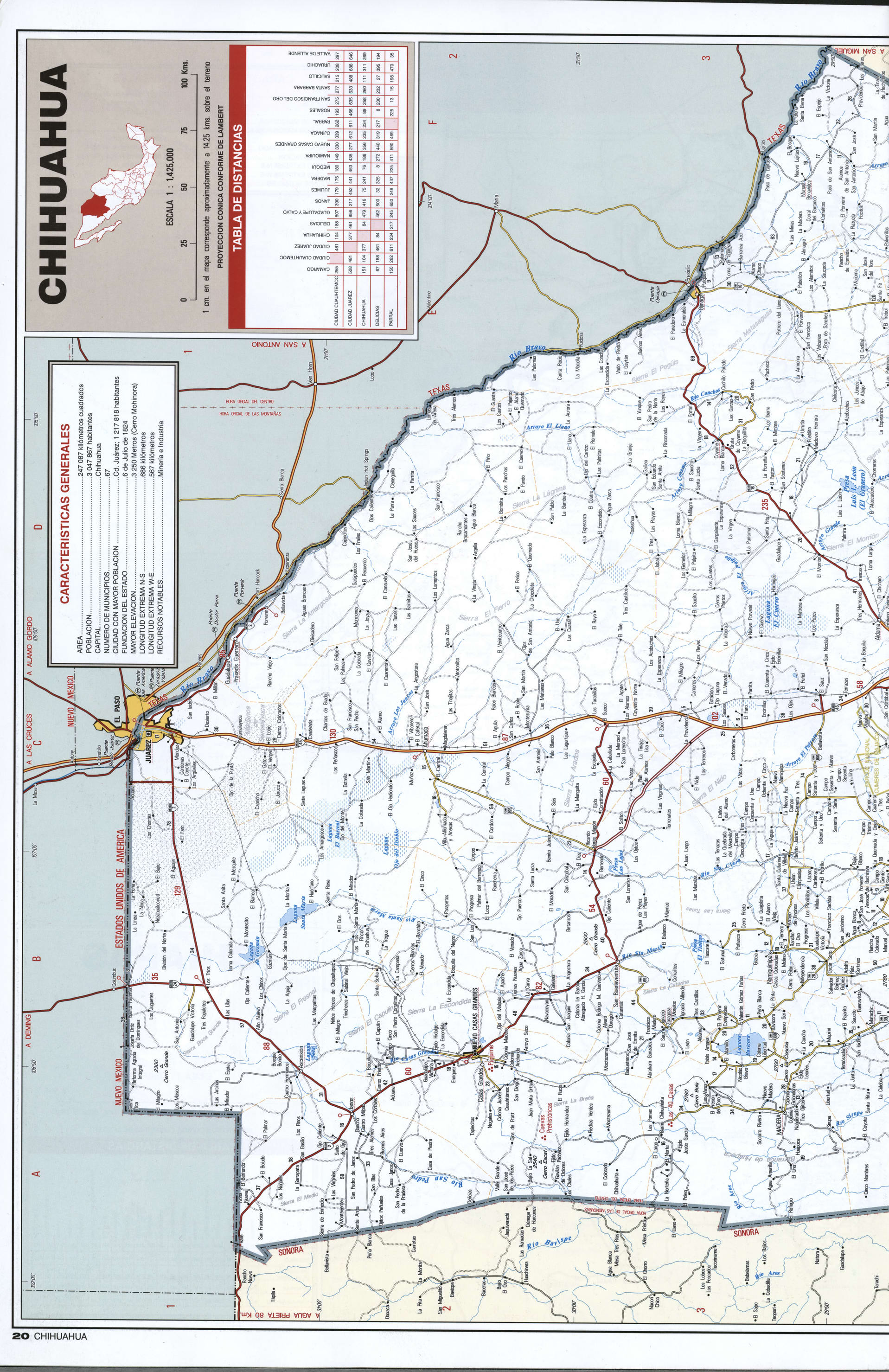North Chihuahua state map. Detailed map of the Mexican state of Chihuahua with roads, cities, villages North Chihuahua state map. Detailed map of the Mexican state of Chihuahua with roads, cities, villages