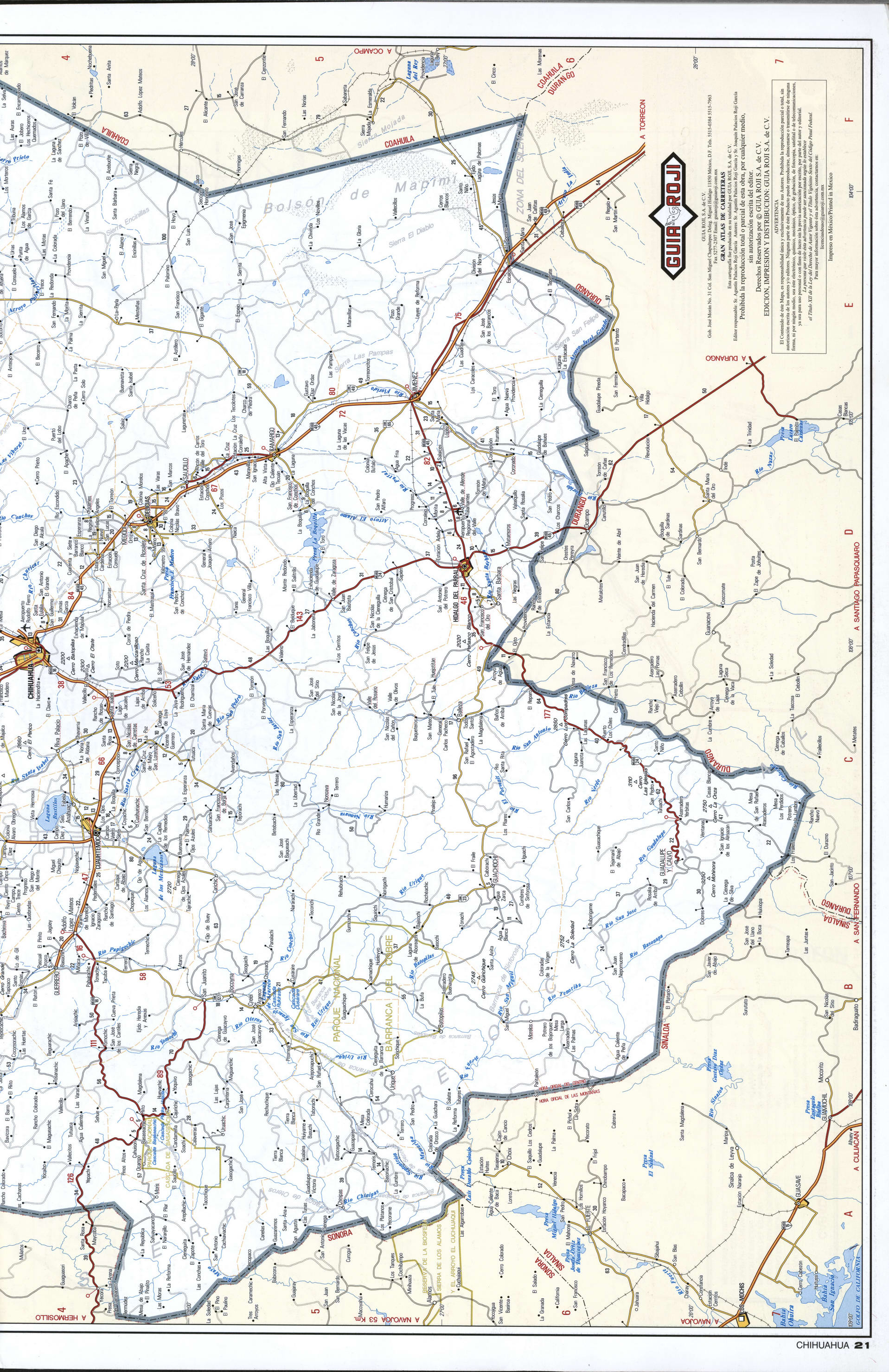 Southern Chihuahua state map. Detailed map of the Mexican state of Chihuahua with roads, cities, villages Southern Chihuahua state map. Detailed map of the Mexican state of Chihuahua with roads, cities, villages