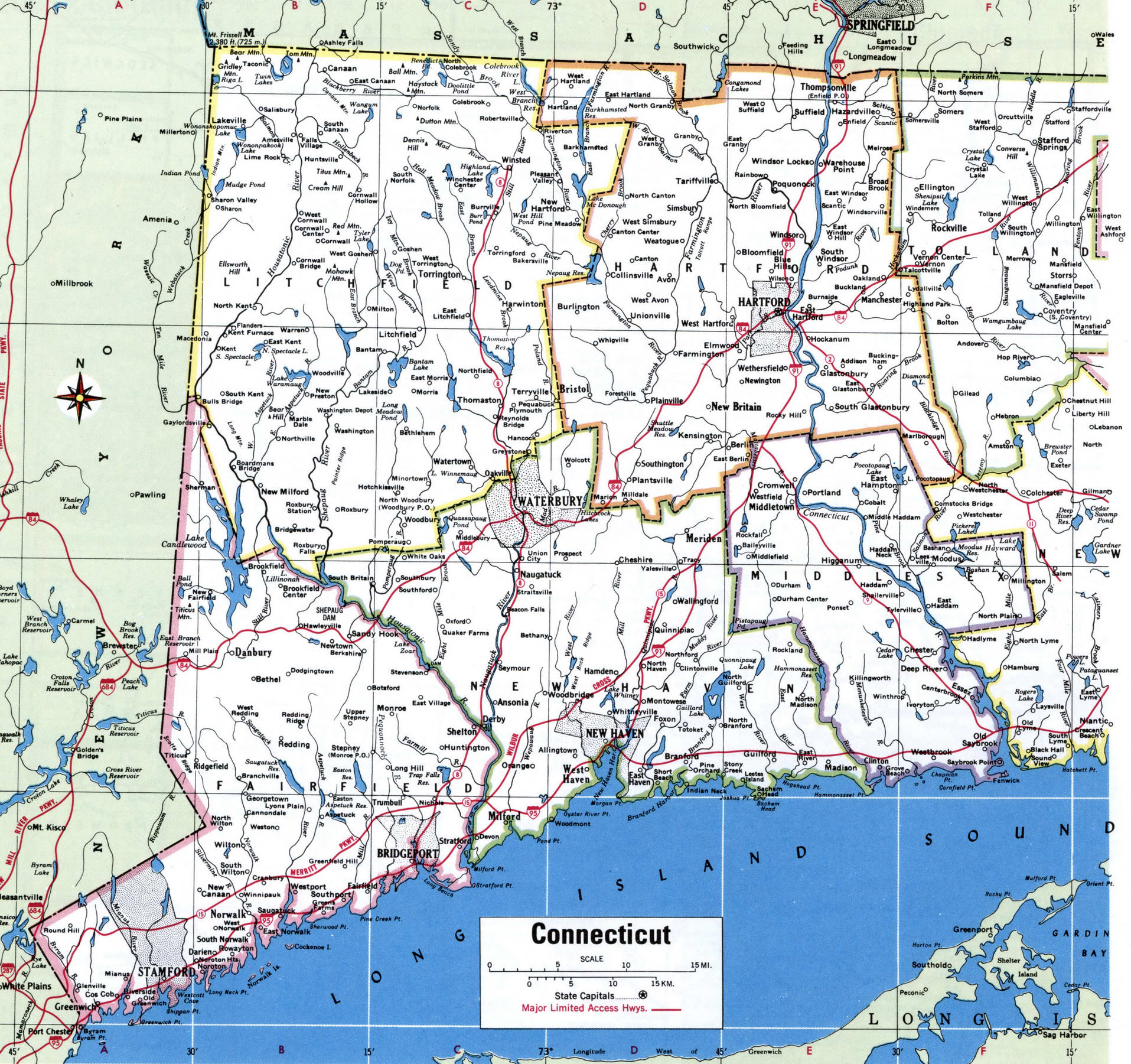 Connecticut map with counties. Detailed map of the counties of Connecticut with towns and villages Connecticut map with counties. Detailed map of the counties of Connecticut with towns and villages