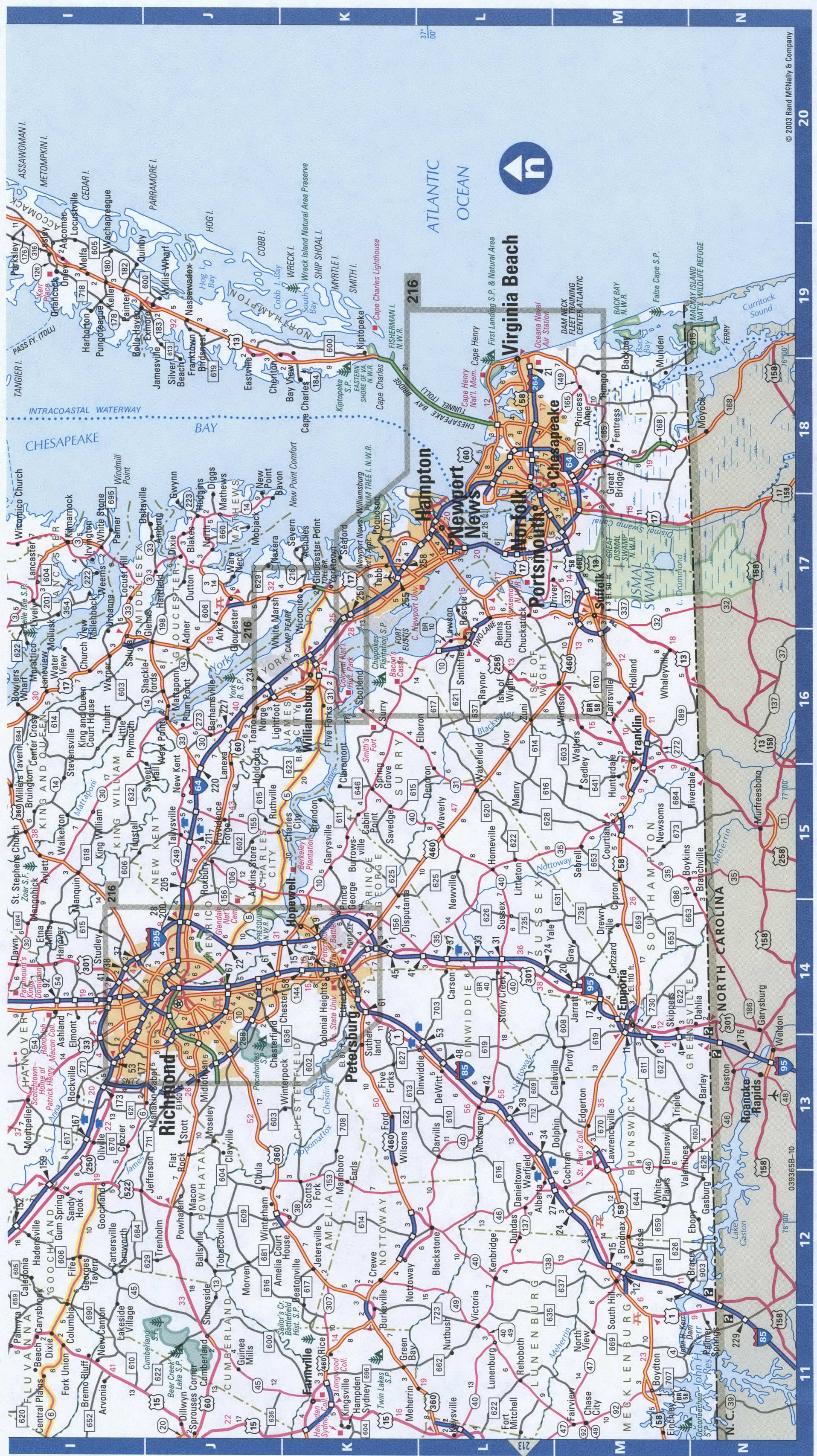 Virginia east map. Detailed map of Virginia with road numbers and distances between cities. Virginia east map. Detailed map of Virginia with road numbers and distances between cities.