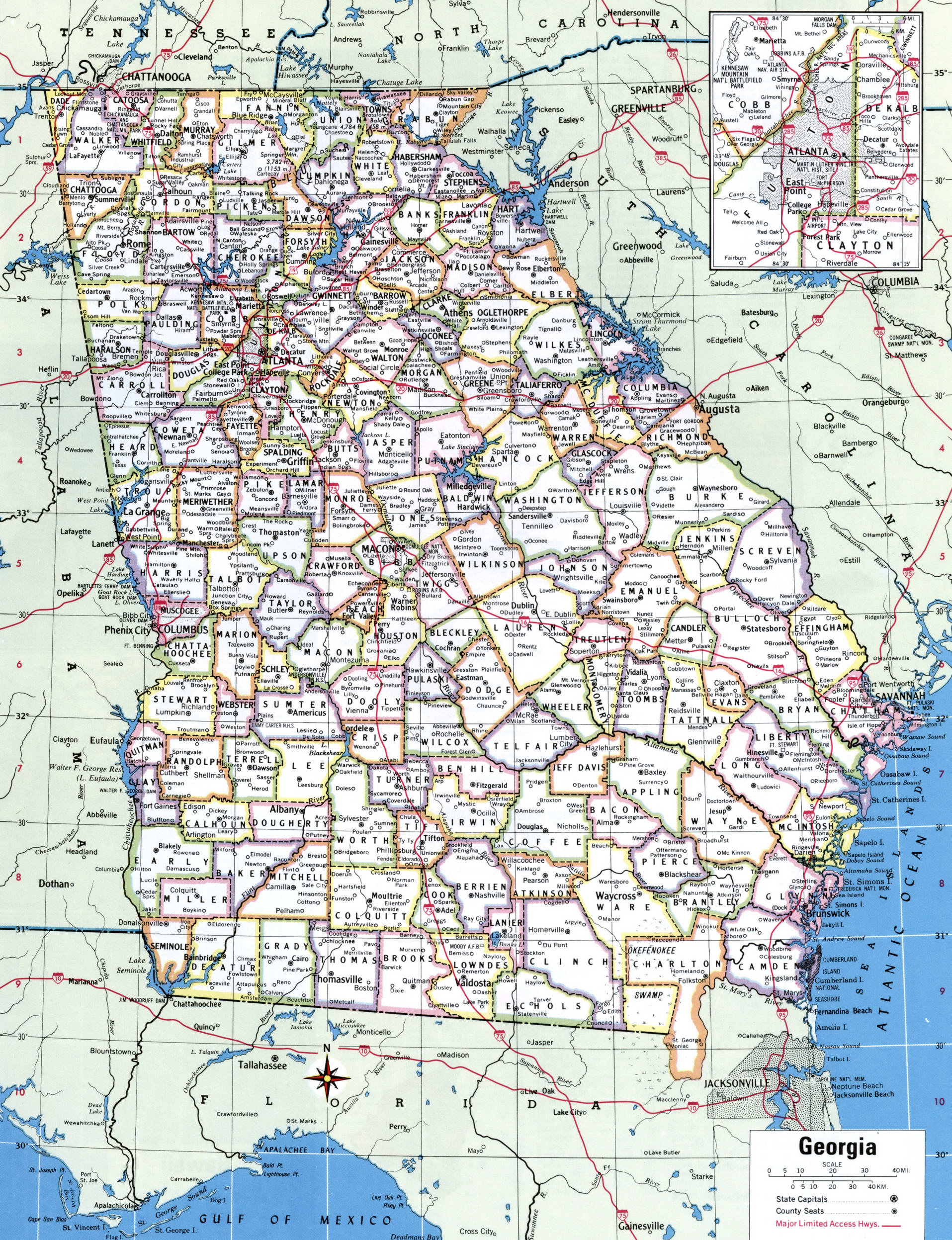 Georgia map with counties. Detailed map of the counties of Georgia with towns and villages Georgia map with counties. Detailed map of the counties of Georgia with towns and villages