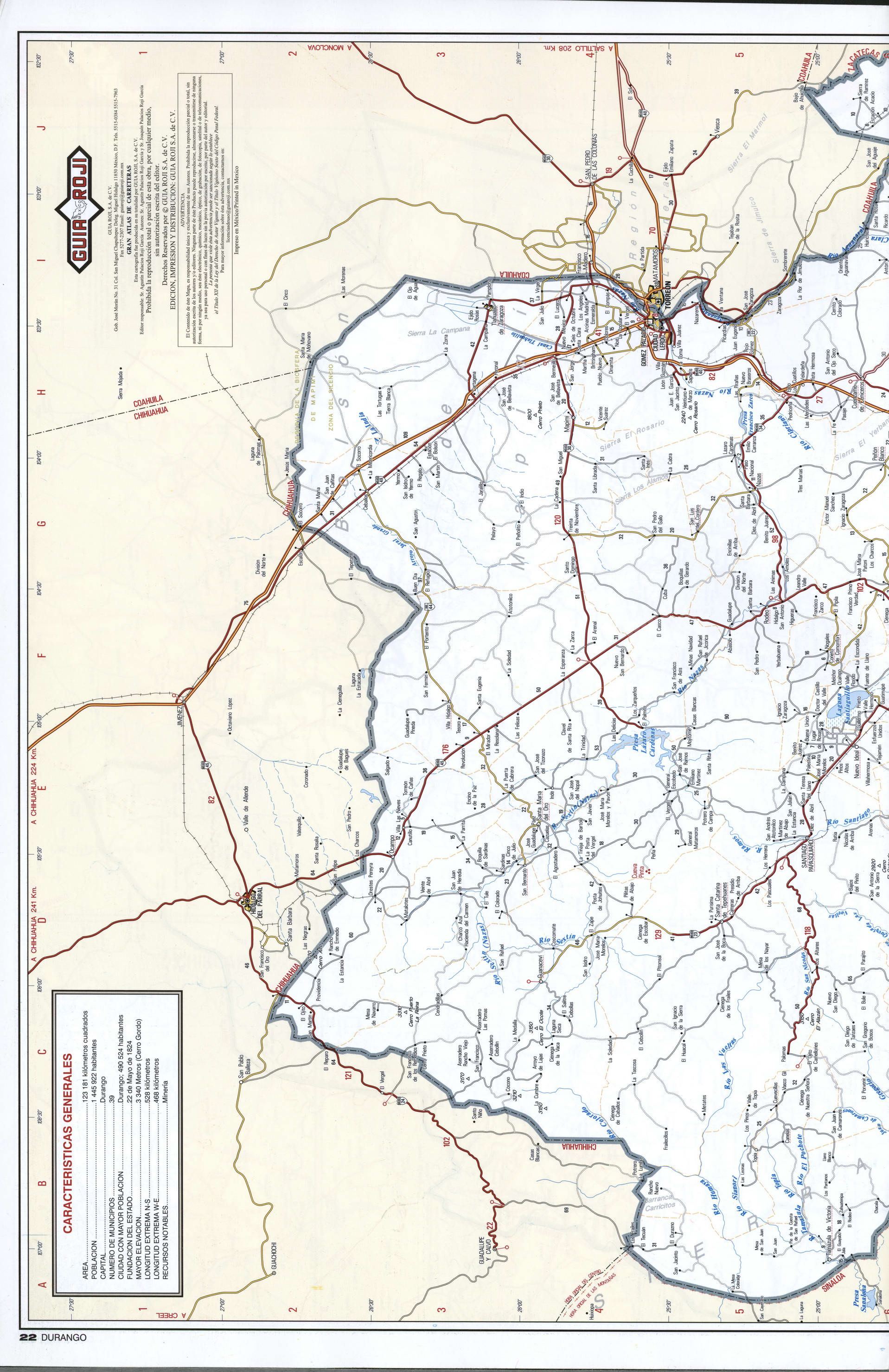 Durango state map Northern. Detailed map of the Mexican state of Durango with roads, cities, villages Durango state map Northern. Detailed map of the Mexican state of Durango with roads, cities, villages
