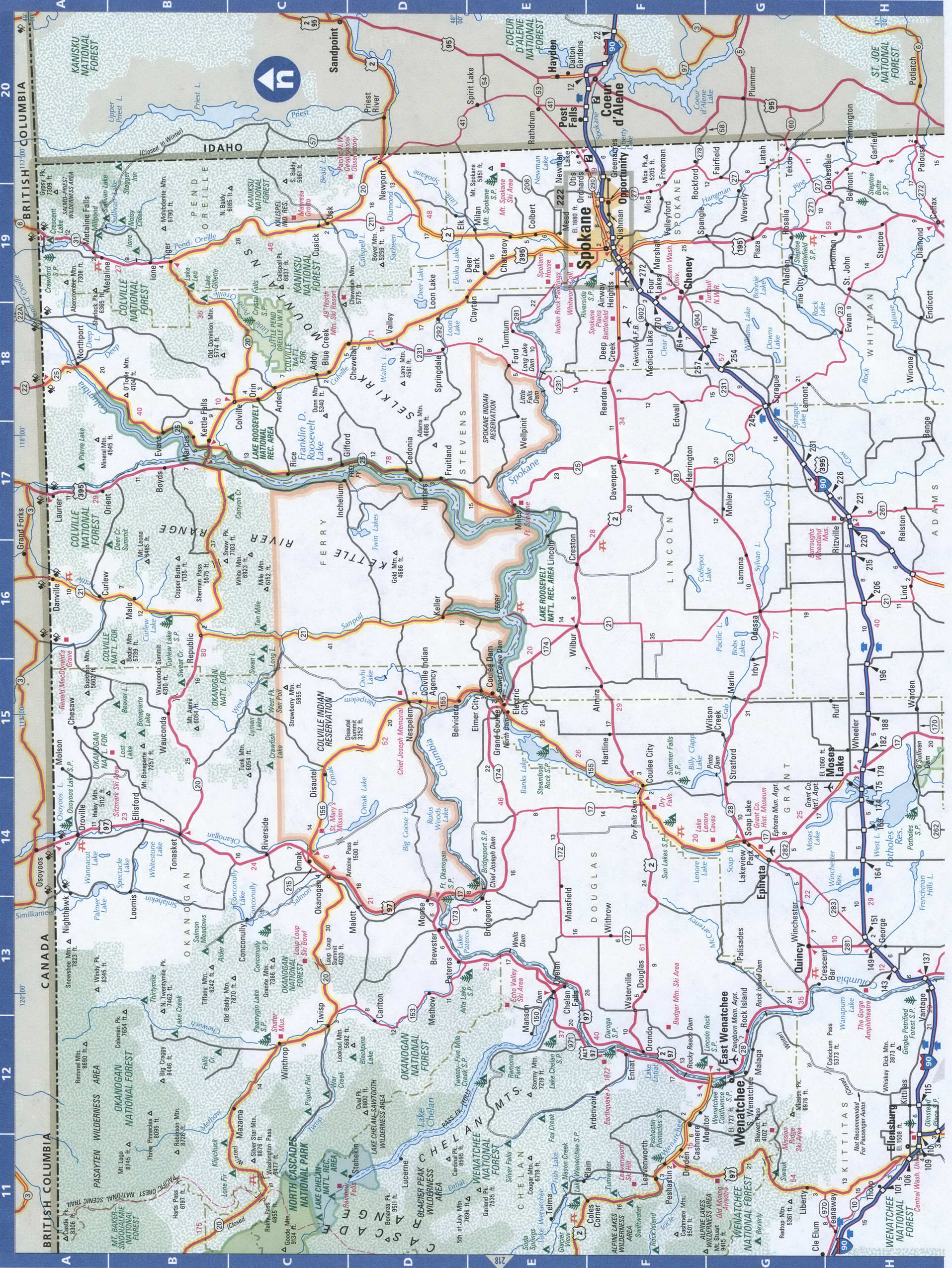 Eastern Washington roads map. Detailed map of Washington with road numbers and distances between cities. Eastern Washington roads map. Detailed map of Washington with road numbers and distances between cities.