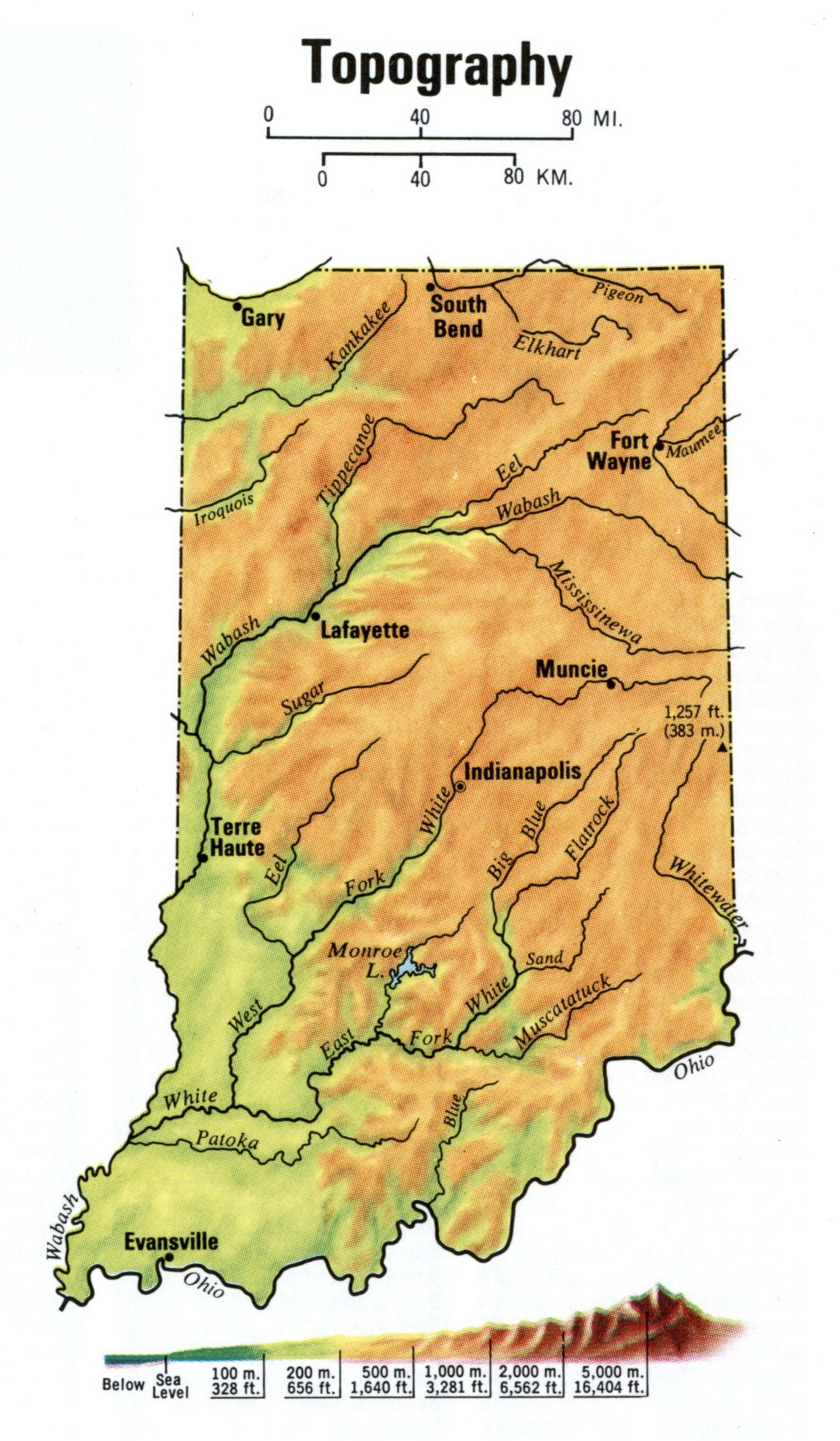 Topographical map of Indiana. Topo map of Indiana with terrain features. Topographical map of Indiana. Topo map of Indiana with terrain features.
