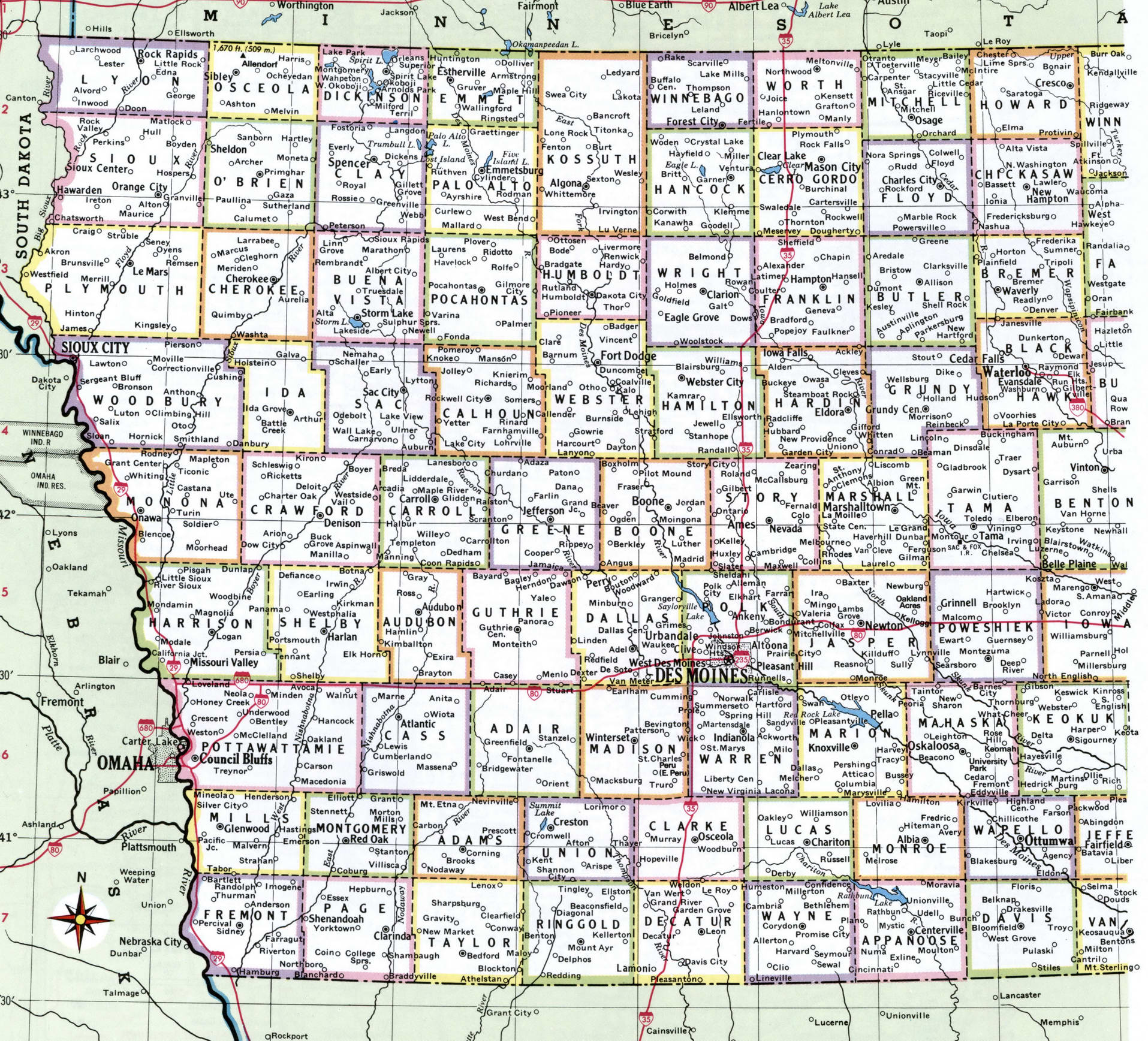 Iowa map with counties. Detailed map of the counties of Iowa with towns and villages Iowa map with counties. Detailed map of the counties of Iowa with towns and villages