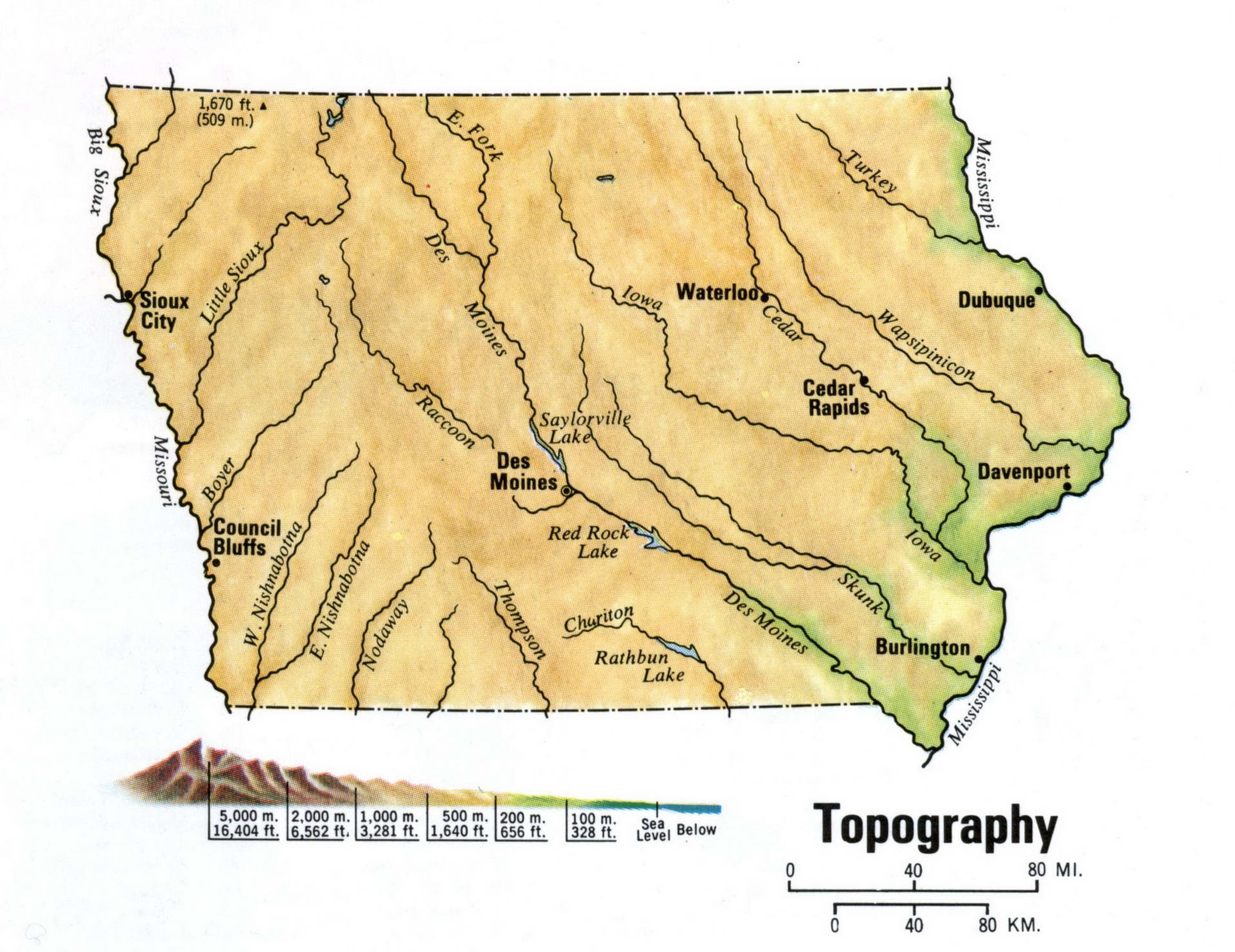 Topographical map of Iowa. Topo map of Iowa with terrain features. Topographical map of Iowa. Topo map of Iowa with terrain features.