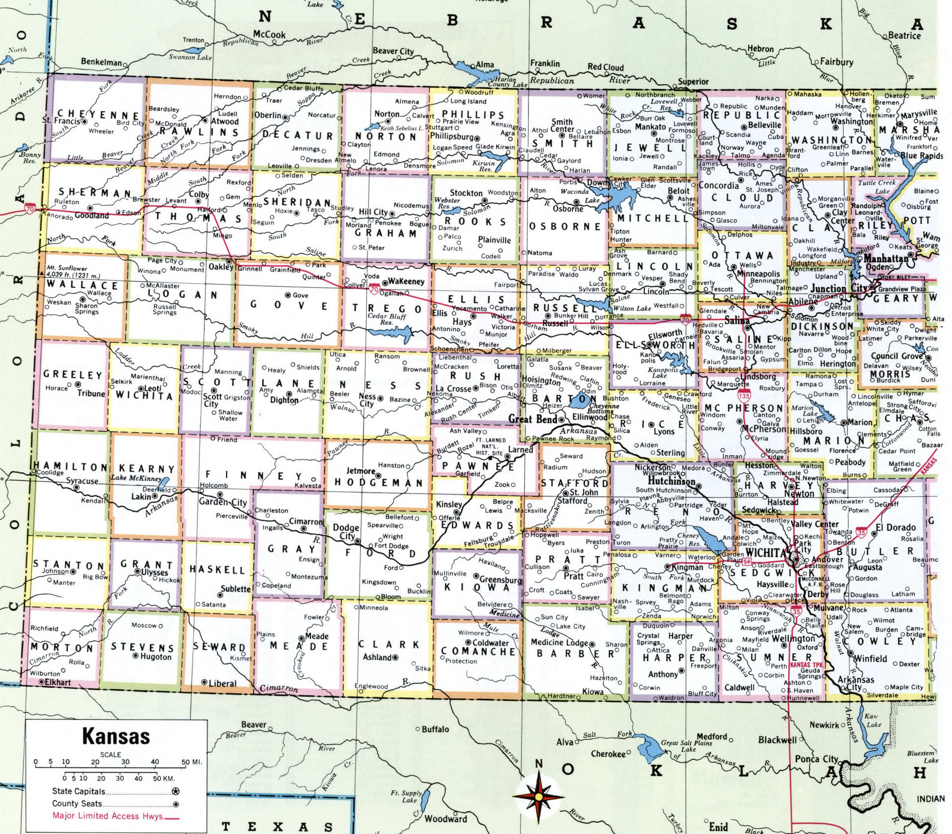 Map Kansas counties. Detailed map of the counties of Kansas with towns and villages Kansas counties. Detailed map of the counties of Kansas with towns and villages