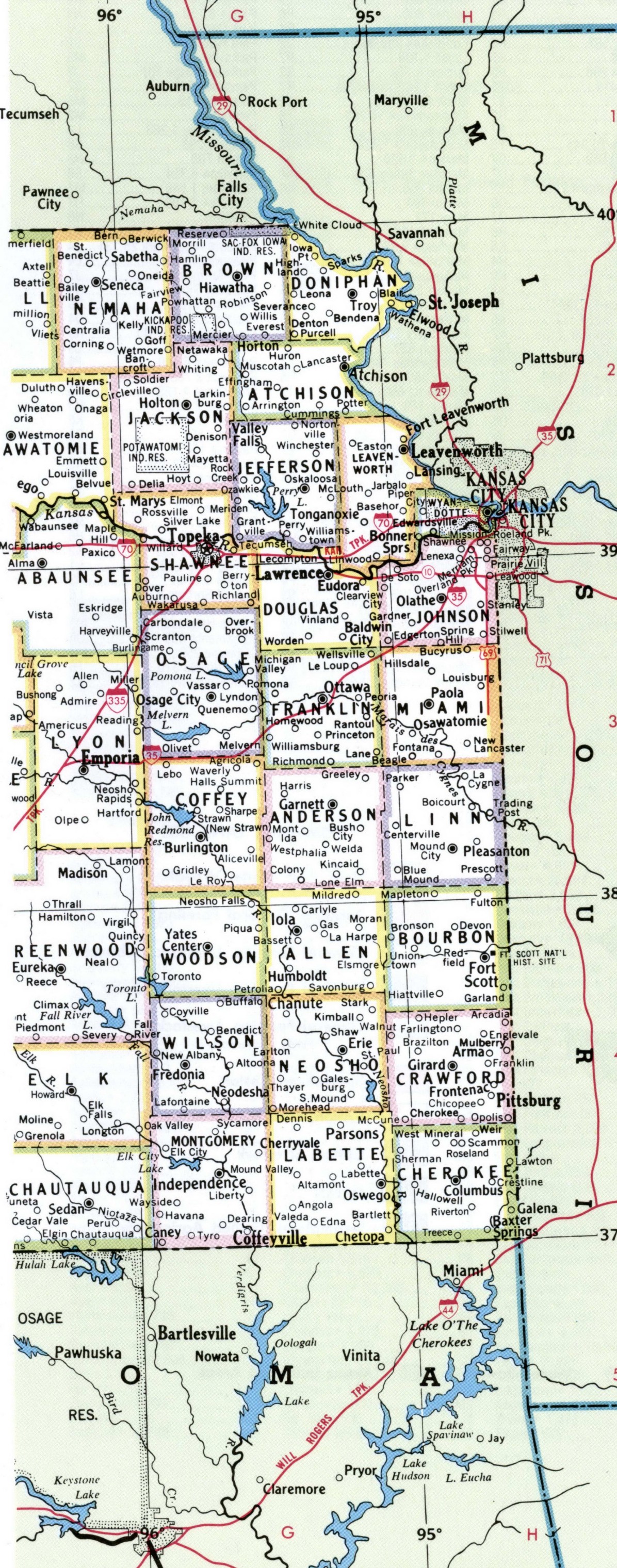 East Kansas counties map. Detailed map of the counties of Kansas with towns and villages East Kansas counties map. Detailed map of the counties of Kansas with towns and villages