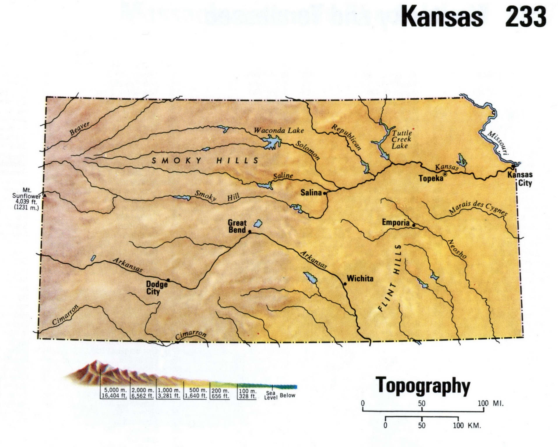 Topographical map of Kansas. Topo map of Kansas with terrain features. Topographical map of Kansas. Topo map of Kansas with terrain features.