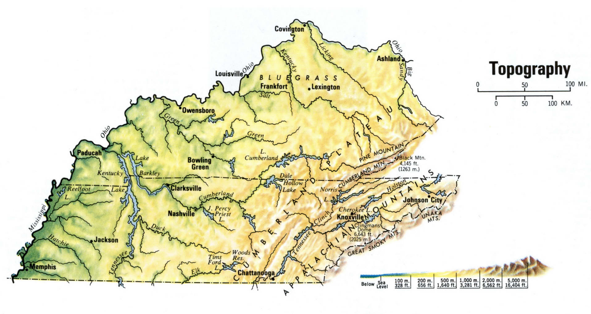 Topography map of Tennessee. Topo map of Tennessee with terrain features. Topography map of Tennessee. Topo map of Tennessee with terrain features.