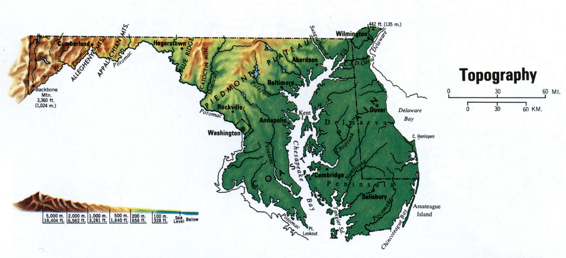 Maryland topographical map. Topo map of Maryland with terrain features. Maryland topographical map. Topo map of Maryland with terrain features.