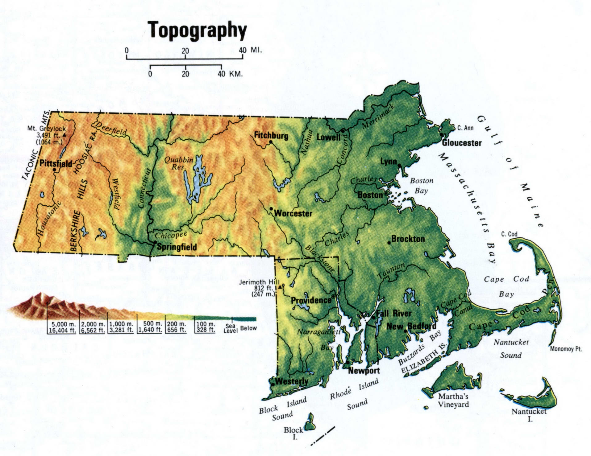 Massachusetts topographic map. Topo map of Massachusetts with terrain features. Massachusetts topographic map. Topo map of Massachusetts with terrain features.