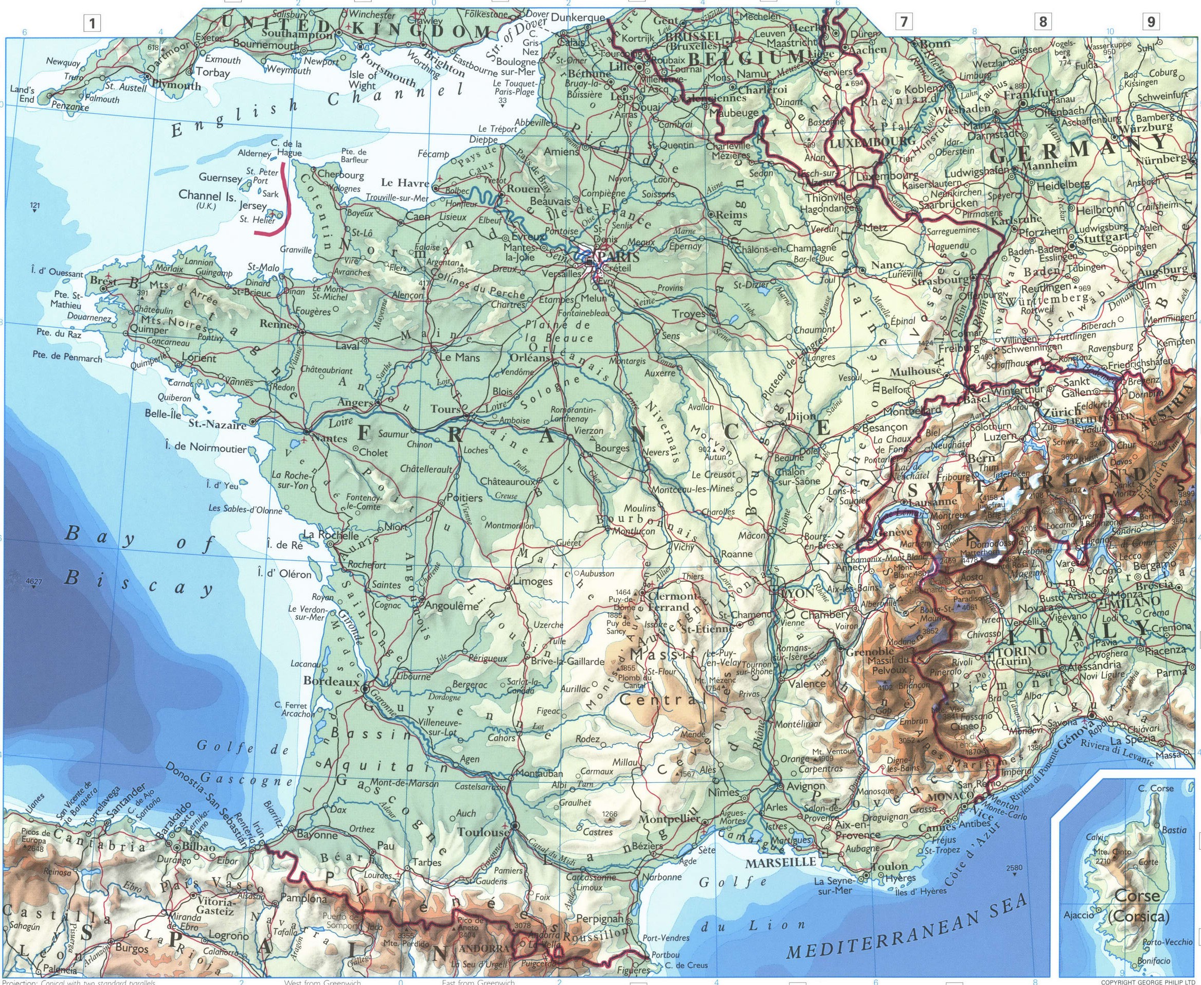 France map. A detailed physical map of France with cities and roads France map. A detailed physical map of France with cities and roads