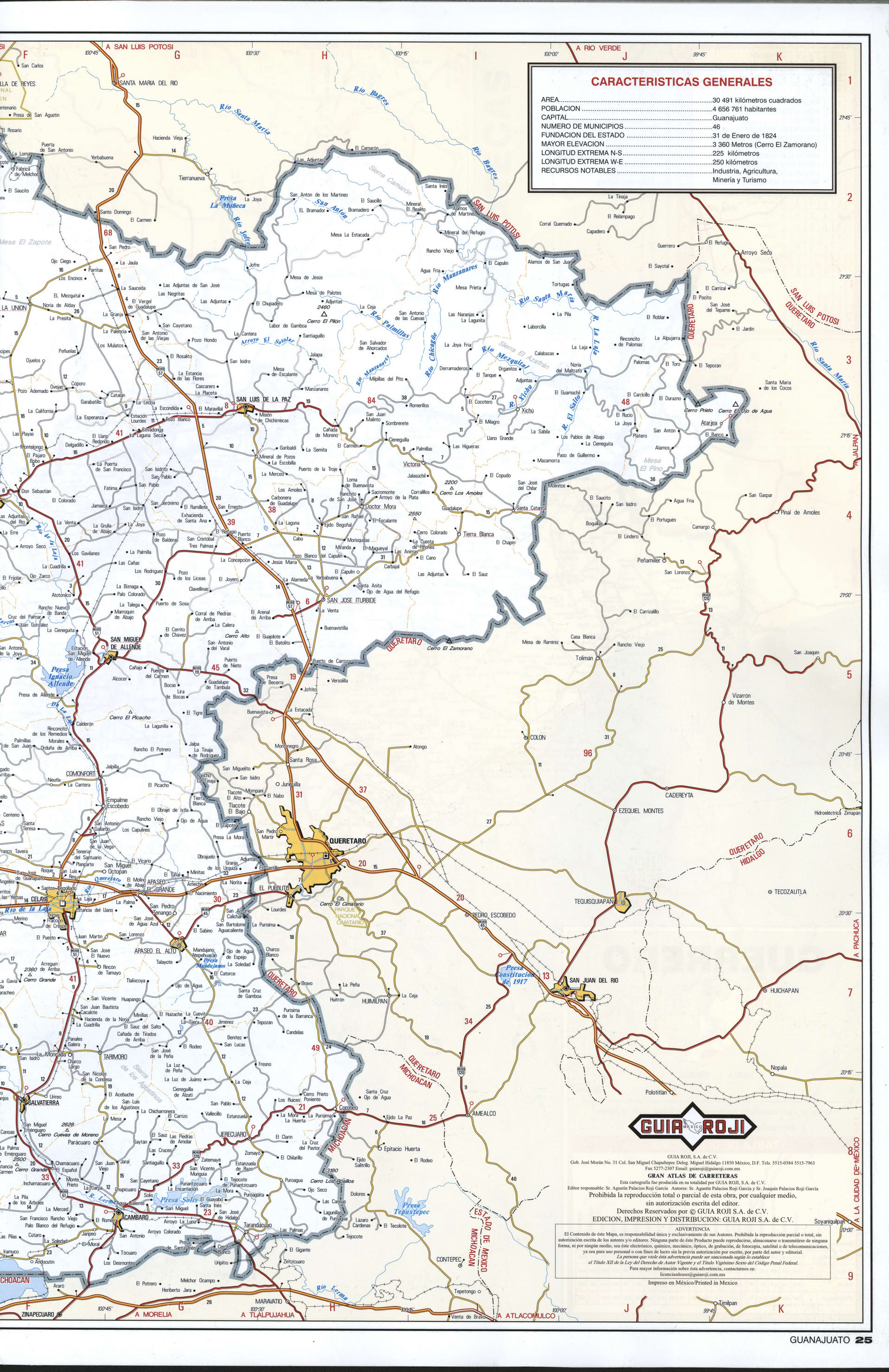 Guanajuato state map eastern. Detailed map of the Mexican state of Guanajuato with roads, cities, villages Guanajuato state map eastern. Detailed map of the Mexican state of Guanajuato with roads, cities, villages