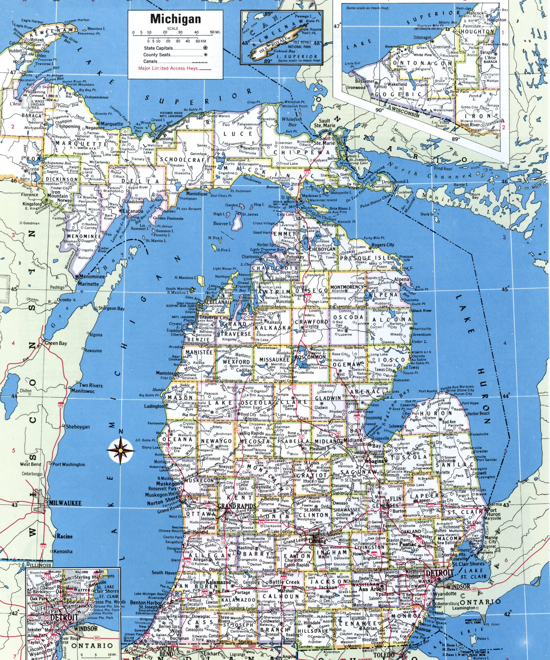 Michigan map with counties. Detailed map of the counties of Michigan with towns and villages Michigan map with counties. Detailed map of the counties of Michigan with towns and villages
