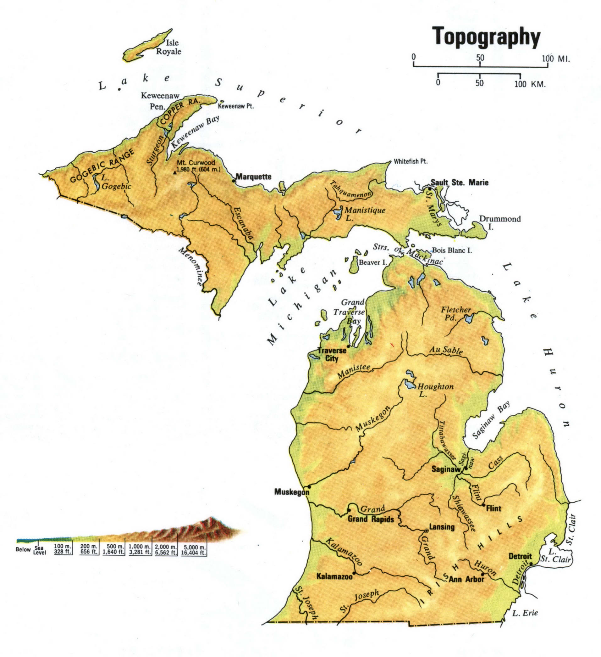 Michigan topography map. Topo map of Michigan with terrain features. Michigan topography map. Topo map of Michigan with terrain features.